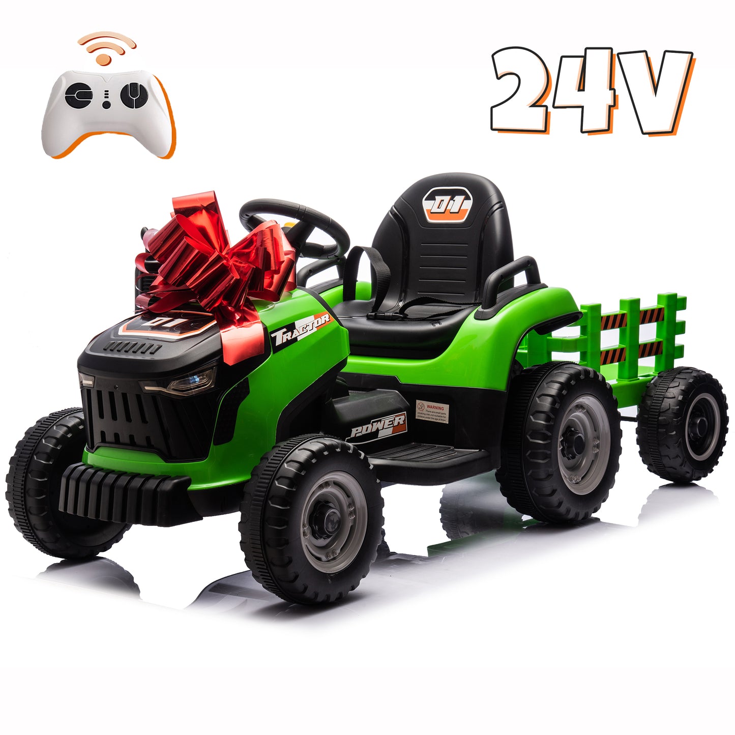 24V Kids Ride on Tractor with Remote Control, Dual Motors Electric Battery Powered Motorized Vehicle w/ Trailer, Bluetooth Music, Outdoor Toys