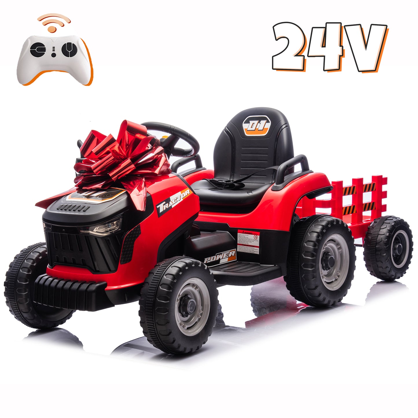 24V Kids Ride on Tractor with Remote Control, Dual Motors Electric Battery Powered Motorized Vehicle w/ Trailer, Bluetooth Music, Outdoor Toys