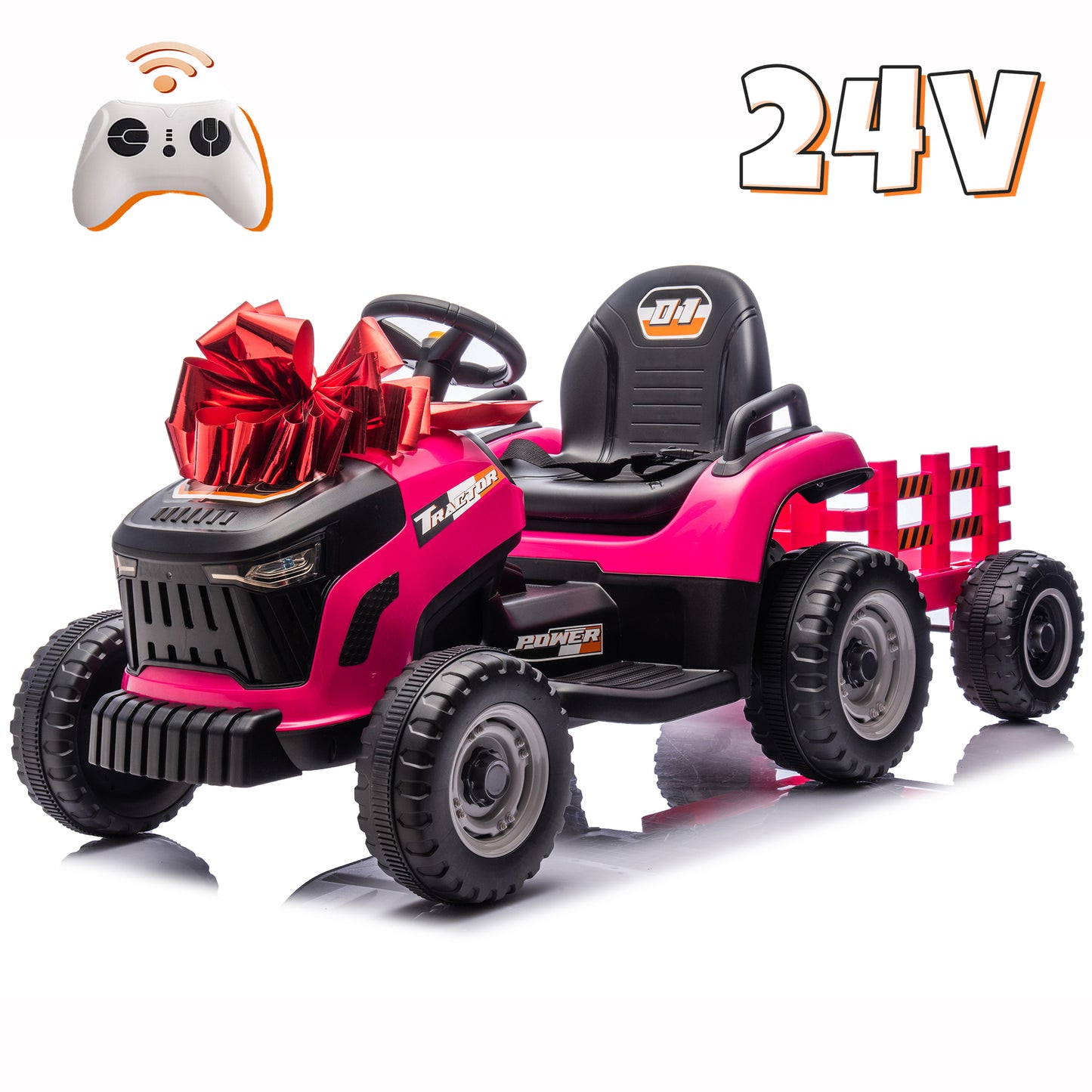24V Kids Ride on Tractor with Remote Control, Dual Motors Electric Battery Powered Motorized Vehicle w/ Trailer, Bluetooth Music, Outdoor Toys