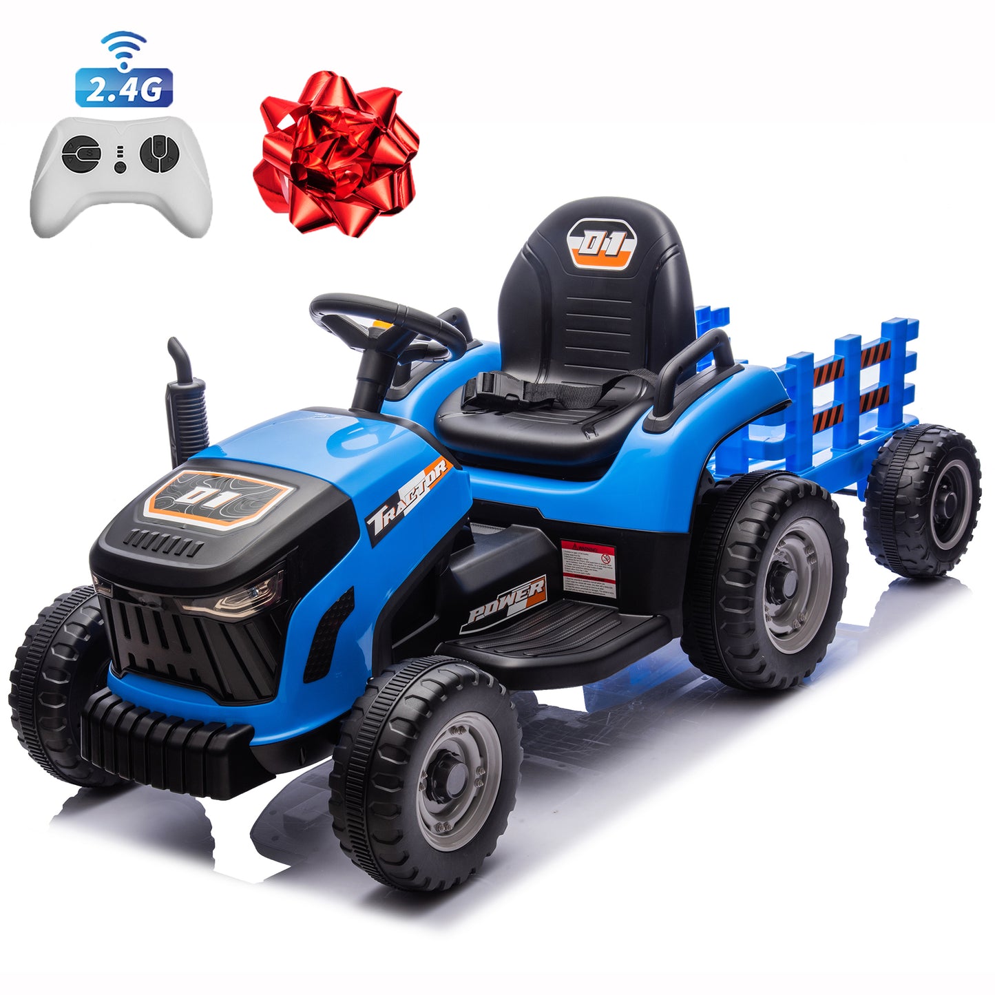 24V Kids Ride on Tractor with Remote Control, Dual Motors Electric Battery Powered Motorized Vehicle w/ Trailer, Bluetooth Music, Outdoor Toys