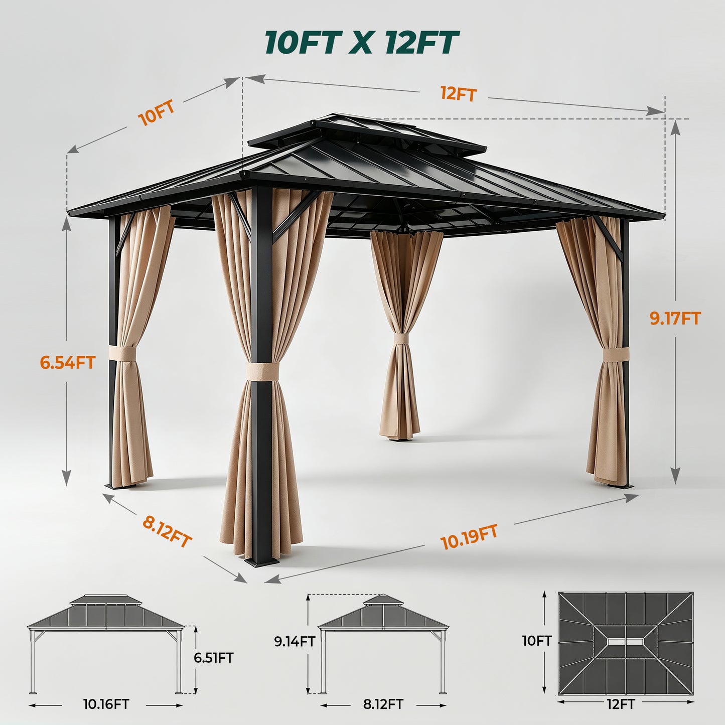 Funride 10x12 ft Hardtop Gazebo, Galvanized Steel Double Roof with Curtains and Netting, Sturdy Aluminum Tri-Frame, for Garden, Patio