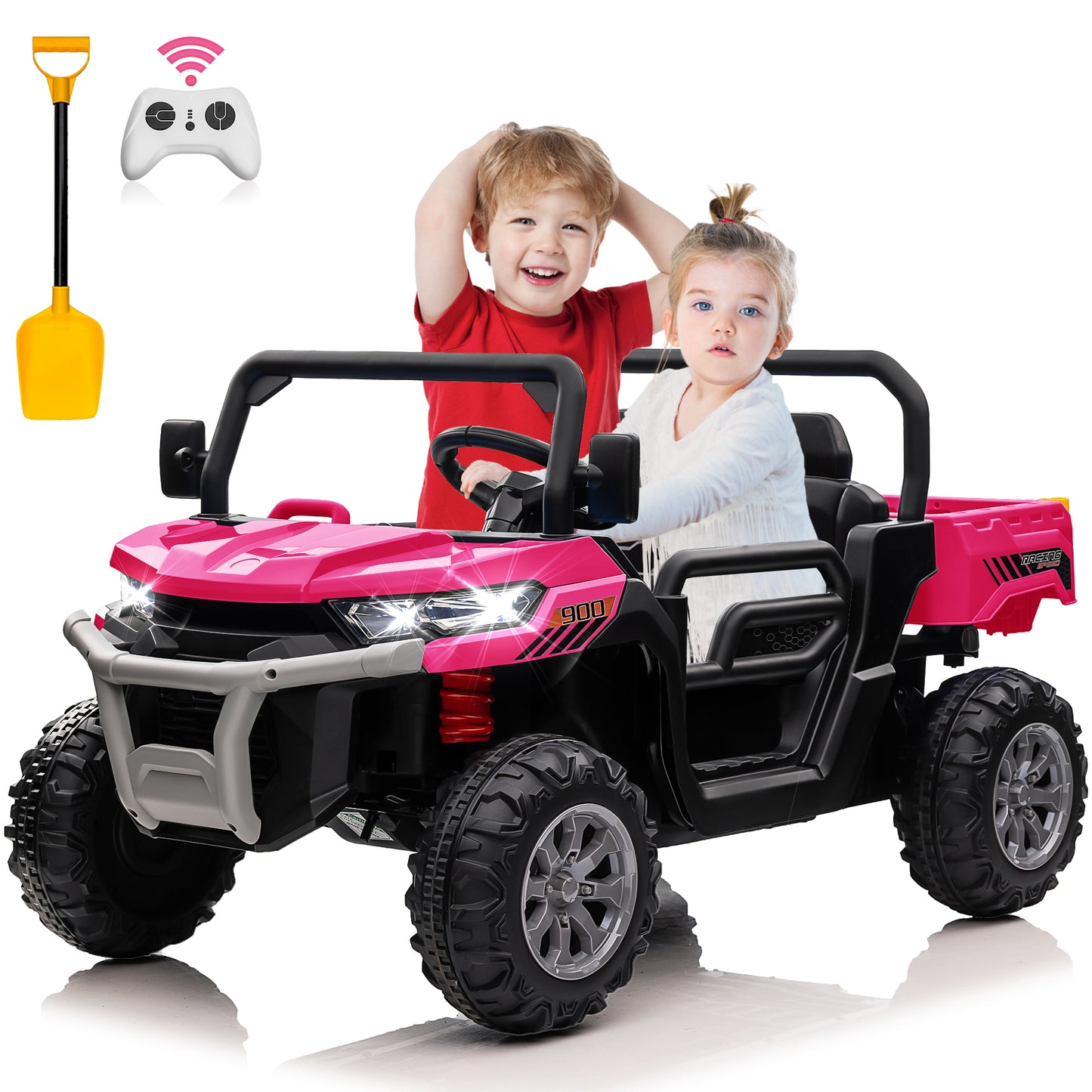 24V Ride on Dump Truck with Remote Control, 4WD Electric Car for Big Kids, 2 Seater 4*200W Motor Ride on Toy, Shovel, Music, Kids Gift