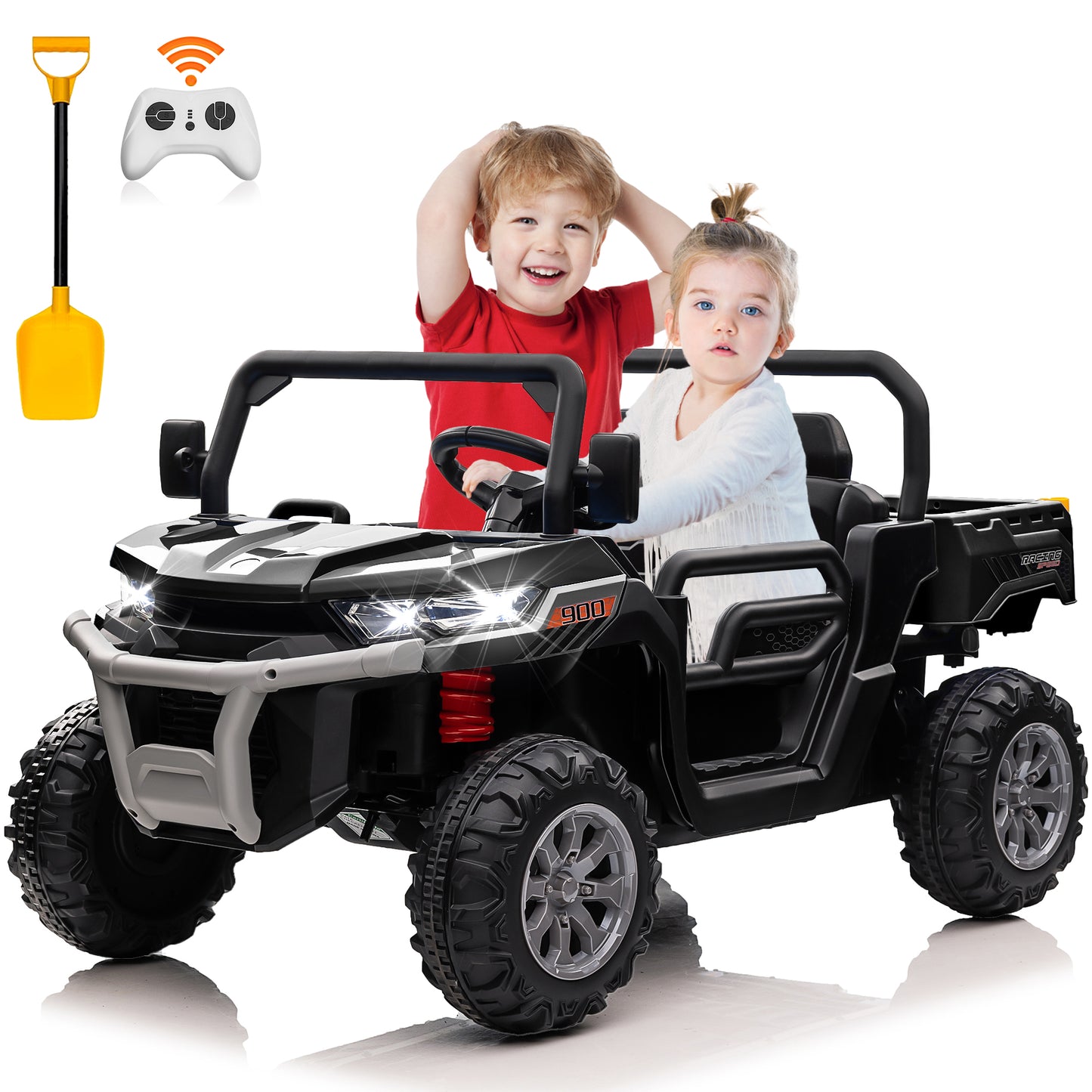 24V Ride on Dump Truck with Remote Control, 4WD Electric Car for Big Kids, 2 Seater 4*200W Motor Ride on Toy, Shovel, Music, Kids Gift