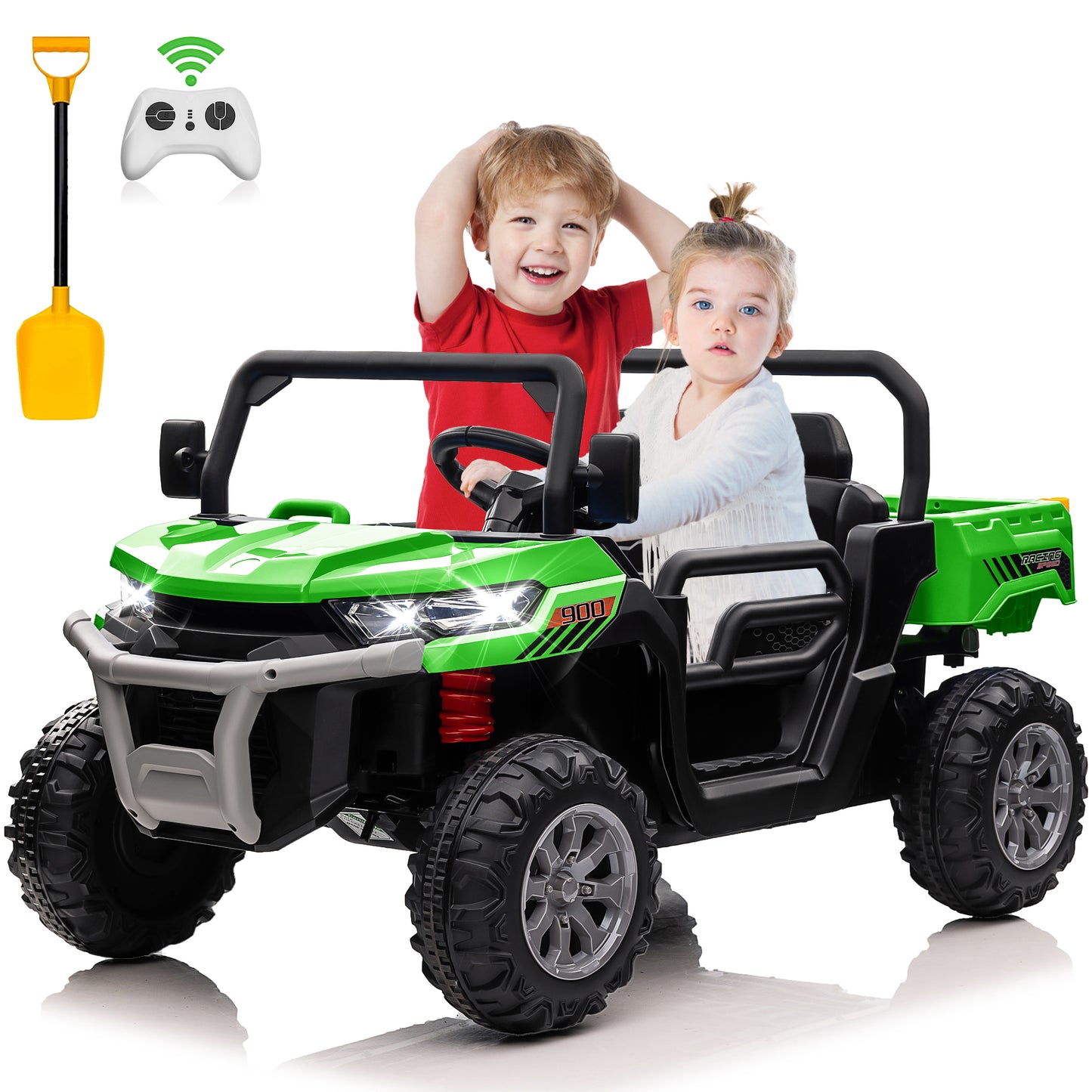 24V Ride on Dump Truck with Remote Control, 4WD Electric Car for Big Kids, 2 Seater 4*200W Motor Ride on Toy, Shovel, Music, Kids Gift