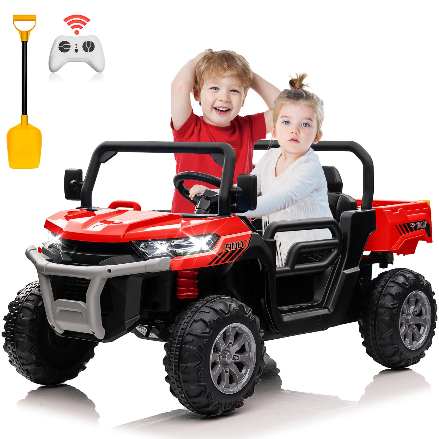 24V Ride on Dump Truck with Remote Control, 4WD Electric Car for Big Kids, 2 Seater 4*200W Motor Ride on Toy, Shovel, Music, Kids Gift
