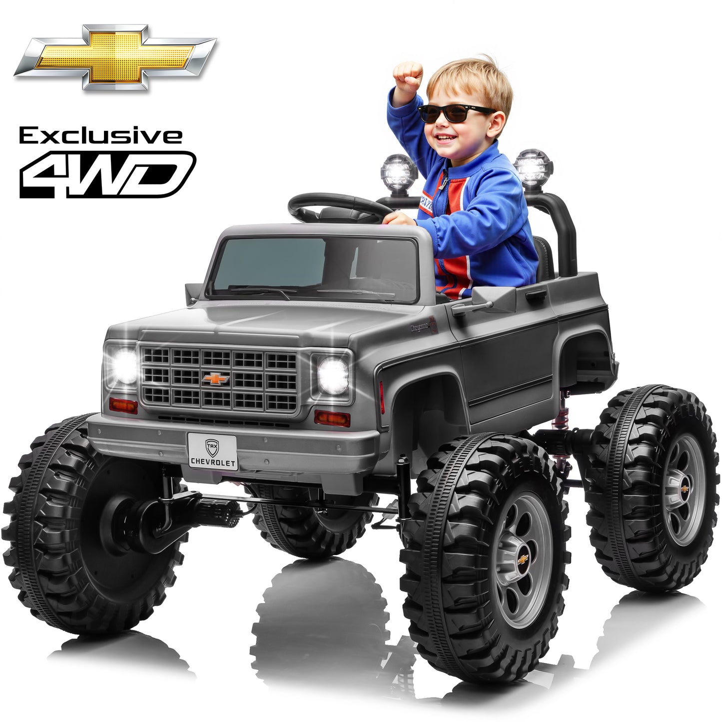 Chevrolet Cheyenne 4WD 24 Volt Ride on Toys, Funride Electric Truck for Kids, Power Car Wheels with Remote, Bluetooth, LED Lights, Blue
