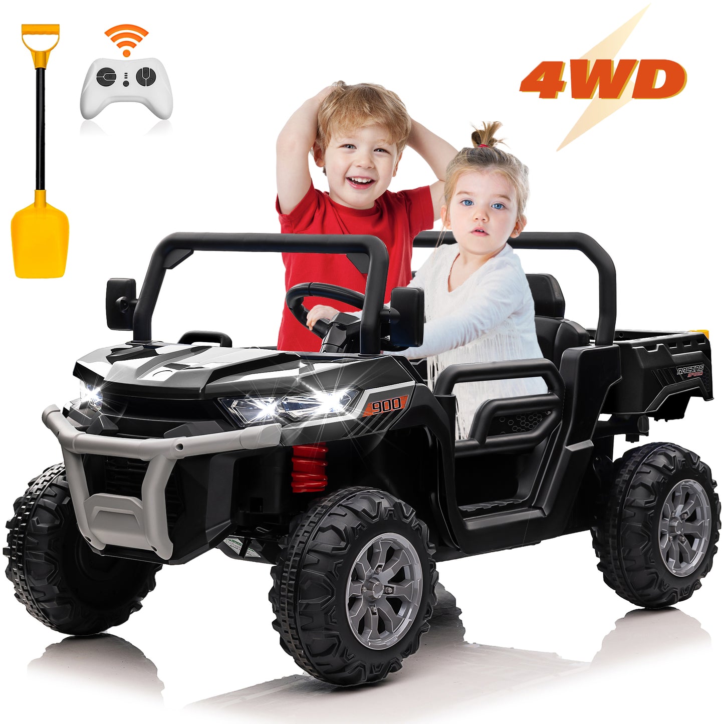 24V Ride on Dump Truck with Remote Control, 4WD Electric Car for Big Kids, 2 Seater 4*200W Motor Ride on Toy, Shovel, Music, Kids Gift, Pink,Red,Green,Black-623(4WD)