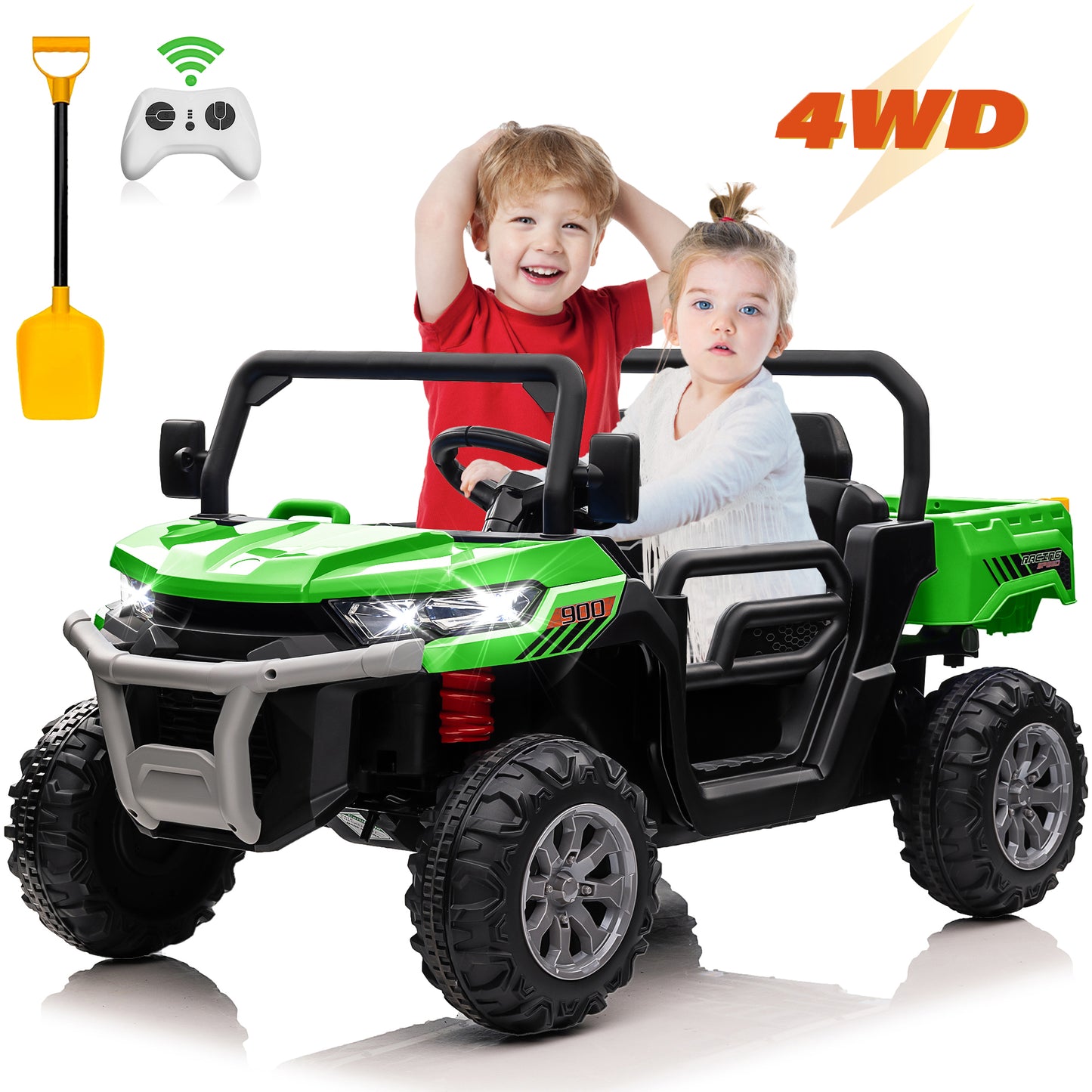 24V Ride on Dump Truck with Remote Control, 4WD Electric Car for Big Kids, 2 Seater 4*200W Motor Ride on Toy, Shovel, Music, Kids Gift, Pink,Red,Green,Black-623(4WD)
