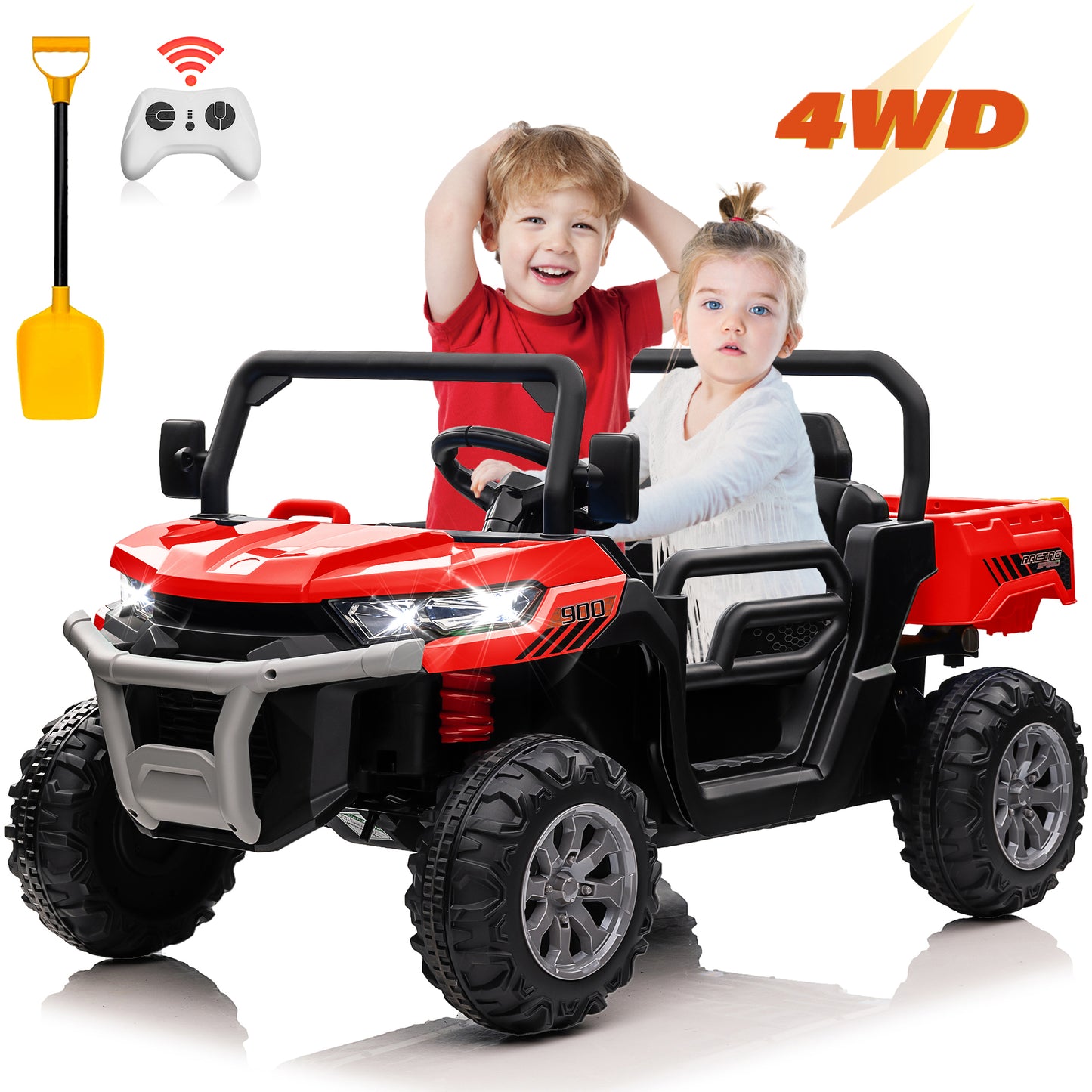 24V Ride on Dump Truck with Remote Control, 4WD Electric Car for Big Kids, 2 Seater 4*200W Motor Ride on Toy, Shovel, Music, Kids Gift, Pink,Red,Green,Black-623(4WD)