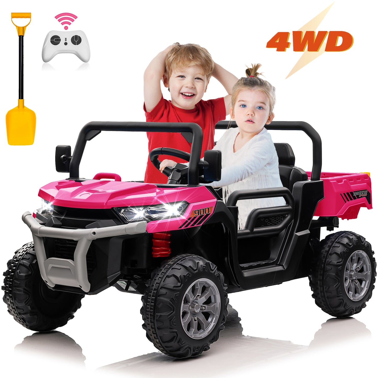 24V Ride on Dump Truck with Remote Control, 4WD Electric Car for Big Kids, 2 Seater 4*200W Motor Ride on Toy, Shovel, Music, Kids Gift, Pink,Red,Green,Black-623(4WD)