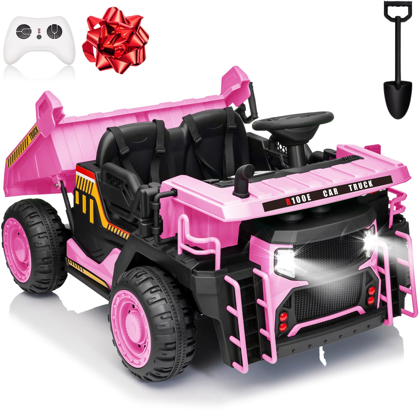 Funride 24V Ride on Toys 2 Seater Ride on Dump Truck w/ Remote Control, 2x200W Ride on Truck Car w/ Dump Bed, 3 Speeds, Shovel, Bluetooth/Music, Big Kids, Yellow,Orange,Green,Blue-305