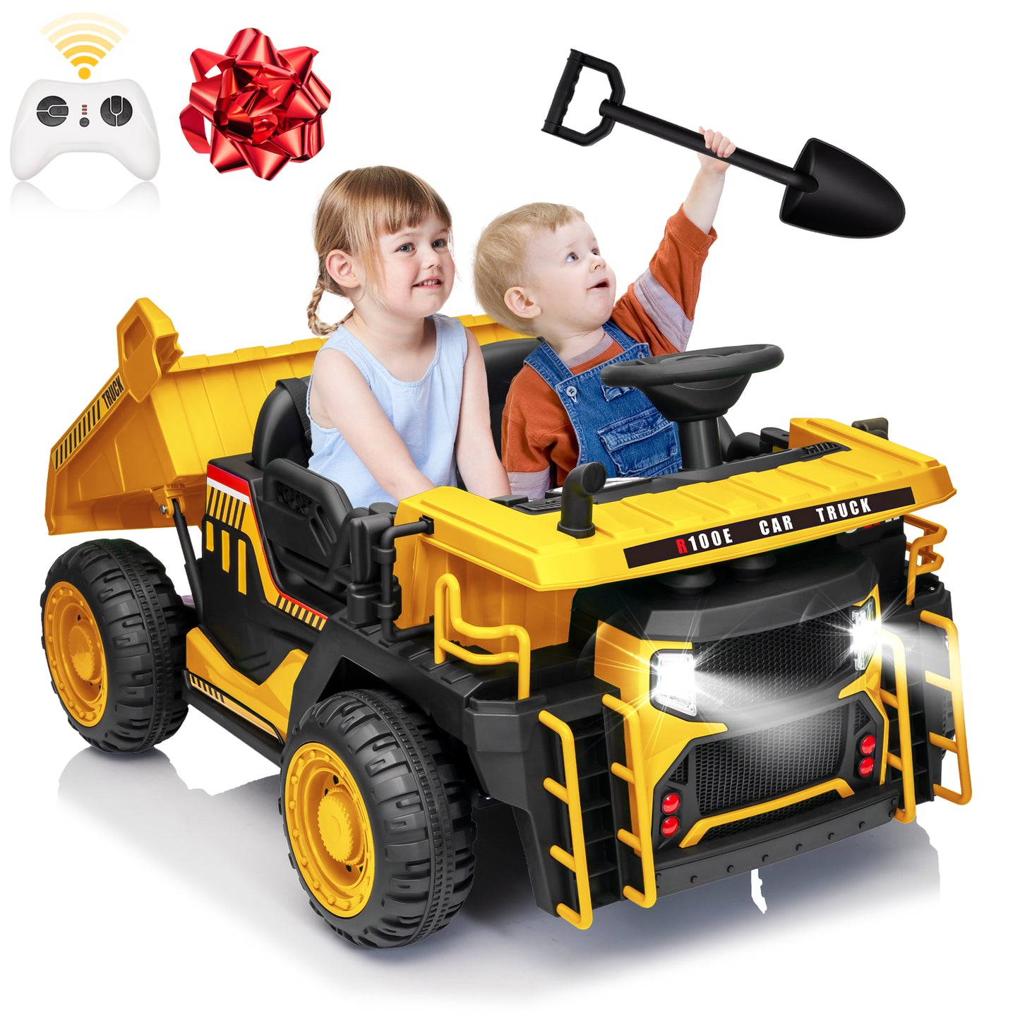 Funride 24V Ride on Toys 2 Seater Ride on Dump Truck w/ Remote Control, 2x200W Ride on Truck Car w/ Dump Bed, 3 Speeds, Shovel, Bluetooth/Music, Big Kids, Yellow,Orange,Green,Blue-305