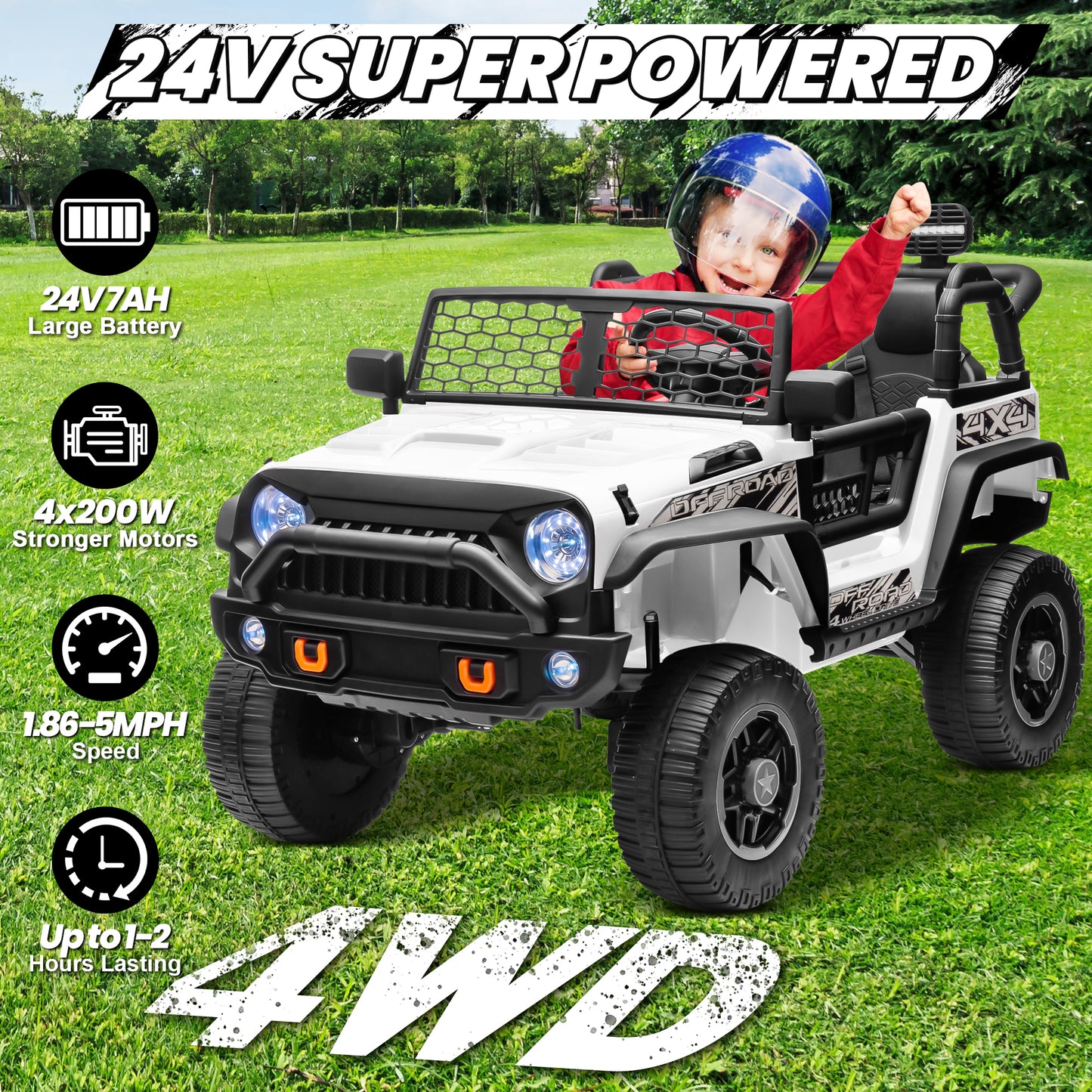 24 Volt Ride on Toys Ride on Truck Car with Remote Control, 2 Seater 400W Kids Powered Ride ons Spring Suspension, 3 Speed, Bluetooth Music, Green,Black,Red,Pink,white-8802