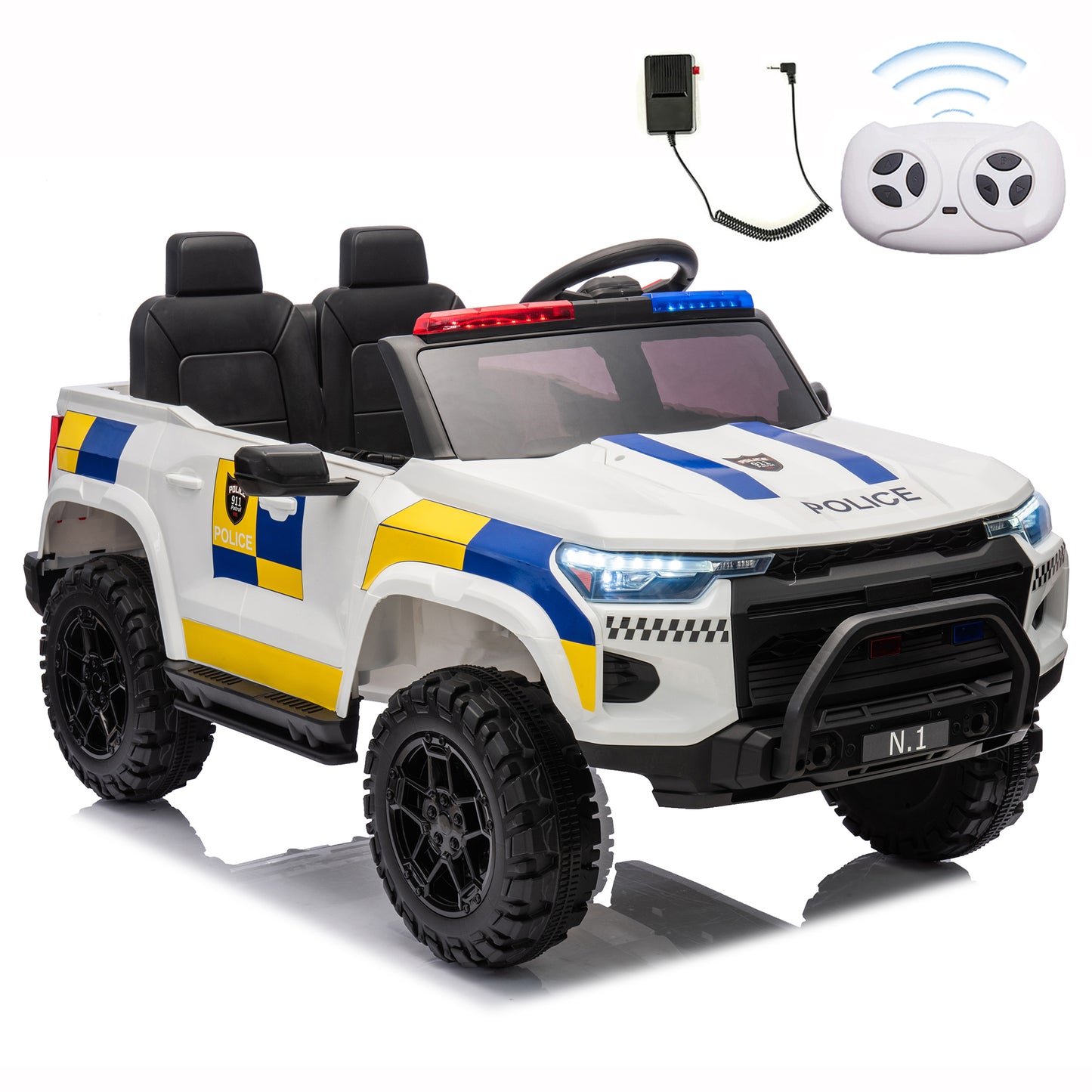 24V Kid Ride on Police Cop Car Battery Powered Electric Truck with Parental Remote Control, Siren, Flashing Lights, Music, Spring Suspension, White