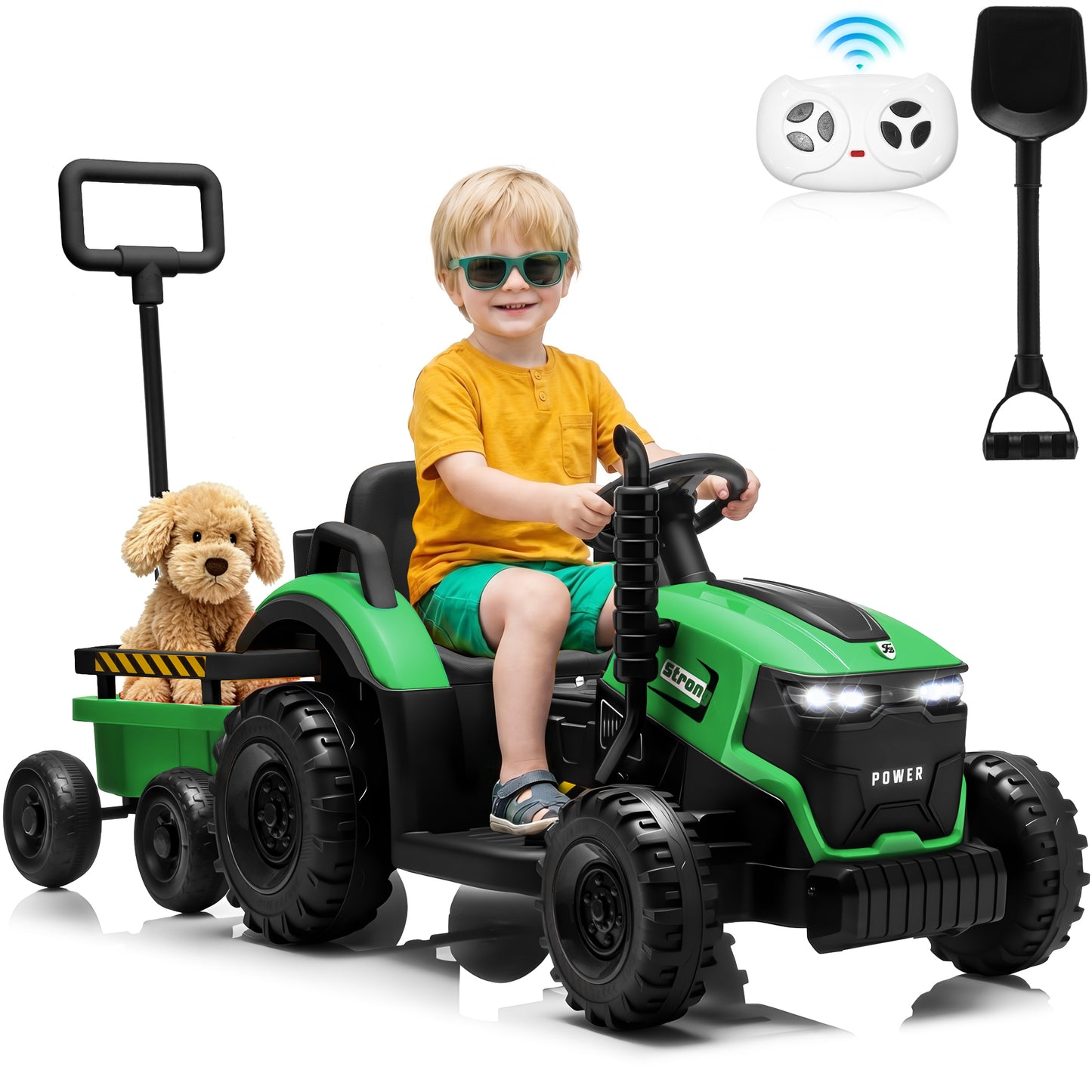 Funride 12V Ride on Tractor w/ Remote Control, 35W Dual Motors Ride on Toys w/ Detachable Trailer & Shovel, Kids' Electric Vehicles with Trailer Ground Loader, Bluetooth Music, LED lights-319
