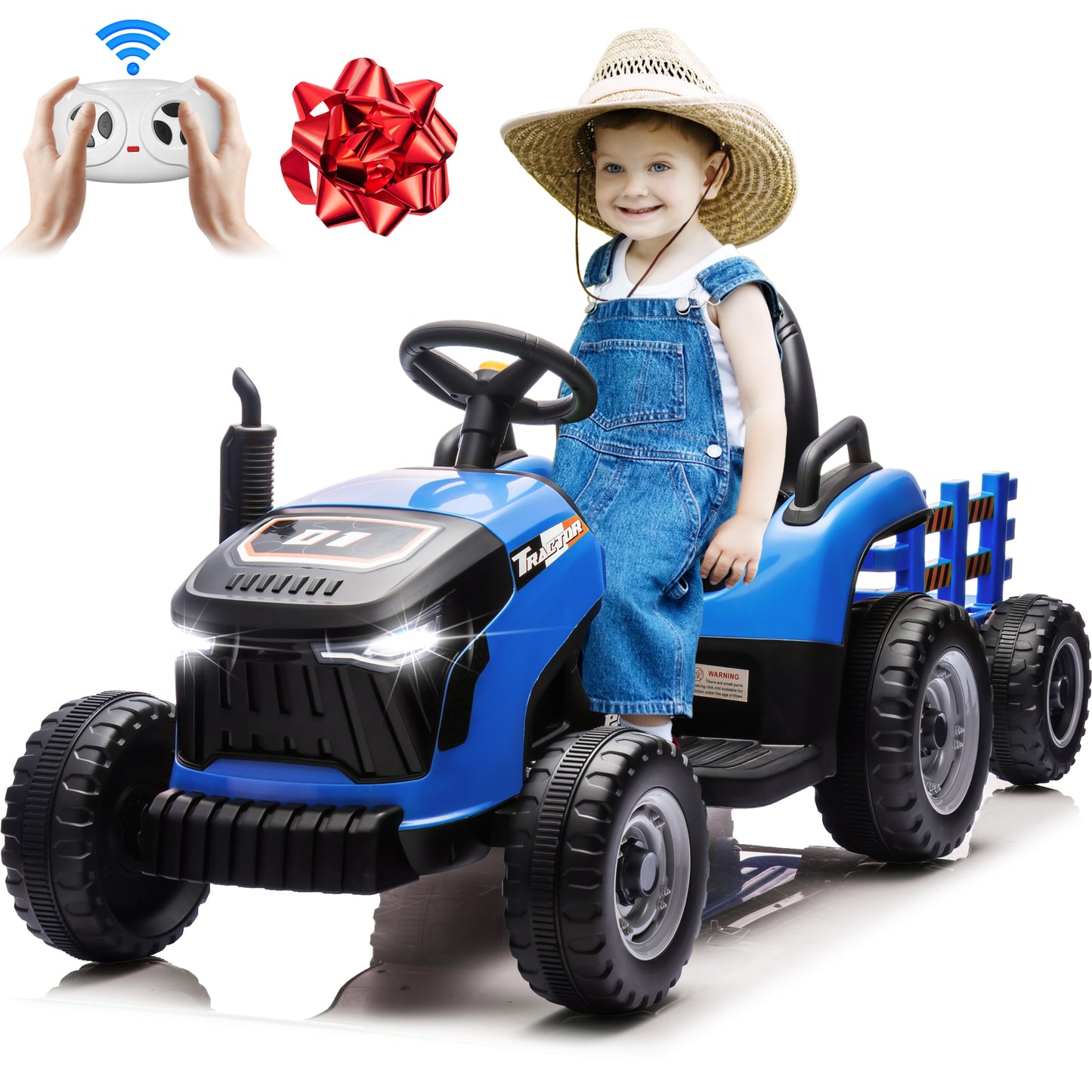 24V Kids Ride on Tractor with Remote Control, Dual Motors Electric Battery Powered Motorized Vehicle w/ Trailer, Bluetooth Music, Outdoor Toys, Blue030