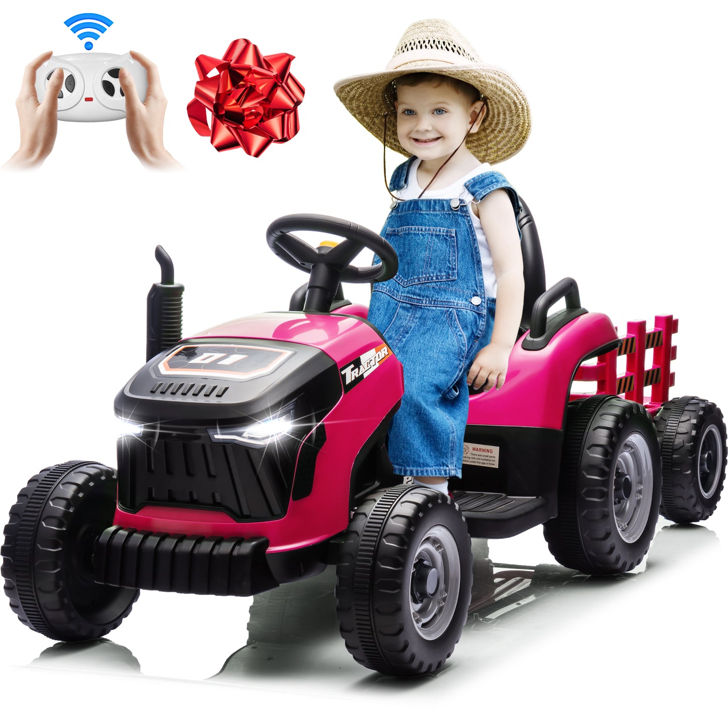 24V Kids Ride on Tractor with Remote Control, Dual Motors Electric Battery Powered Motorized Vehicle w/ Trailer, Bluetooth Music, Outdoor Toys, Pink030
