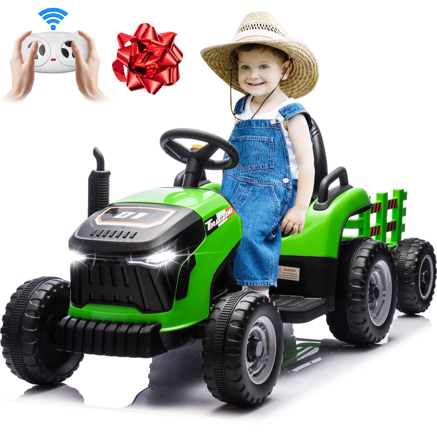 24V Kids Ride on Tractor with Remote Control, Dual Motors Electric Battery Powered Motorized Vehicle w/ Trailer, Bluetooth Music, Outdoor Toys, Green030