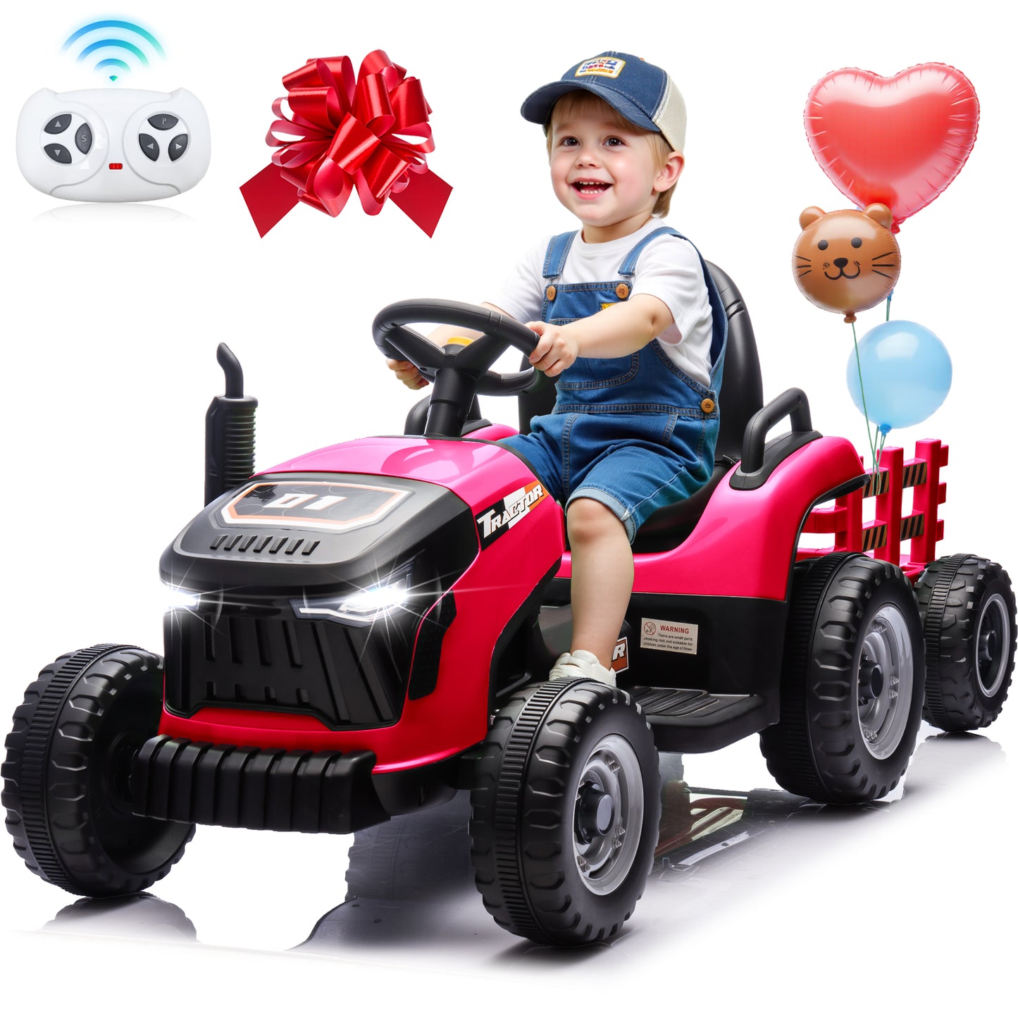 24V Kids Ride on Tractor with Remote Control, Dual Motors Electric Battery Powered Motorized Vehicle w/ Trailer, Bluetooth Music, Outdoor Toys