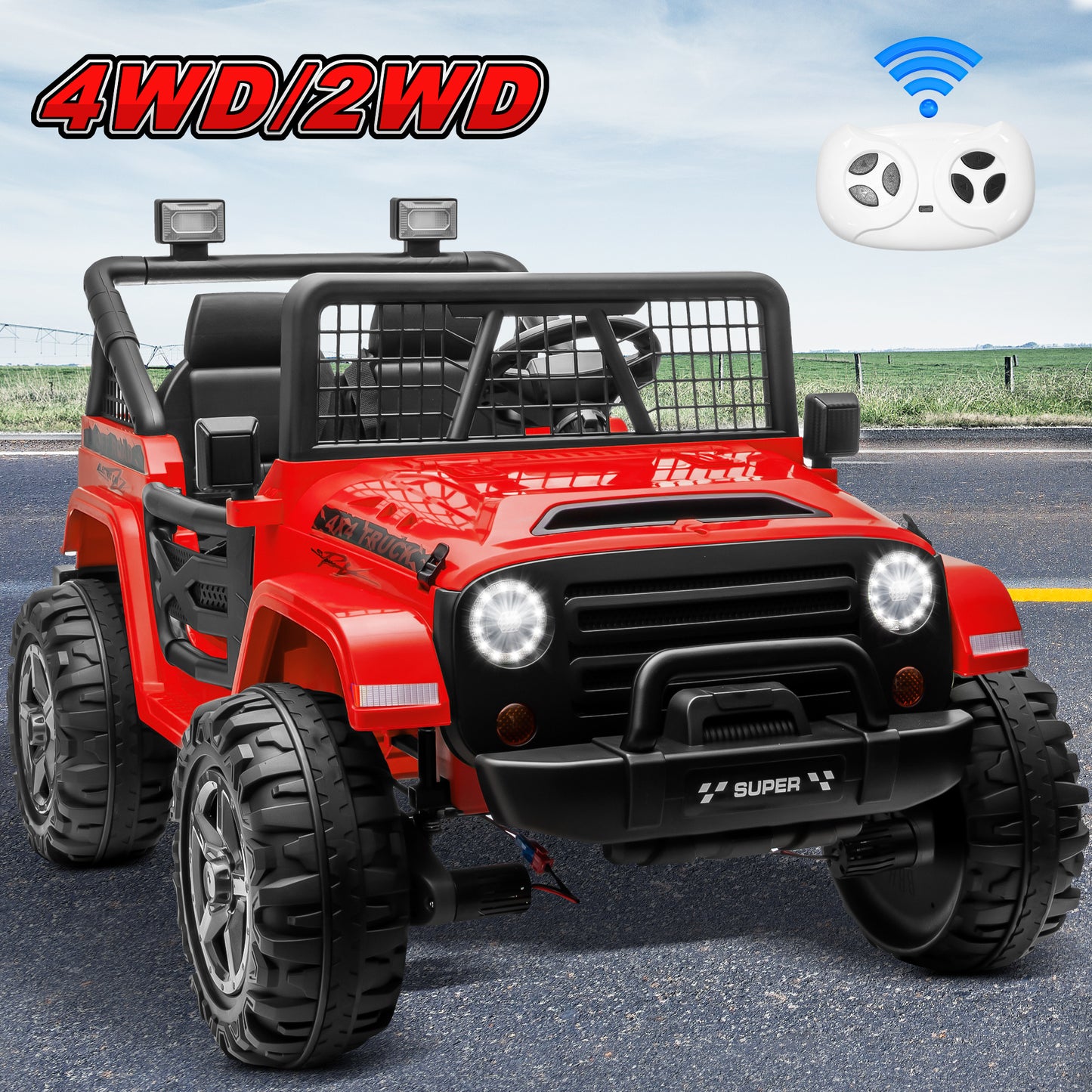 24V 4WD Ride on Toys Truck with Remote Control, 2 Seater Electric Car for Kids, Powered Cars Wheels w/ 4x100W, up to 5.5mph, Spring Suspension, Music, 0723