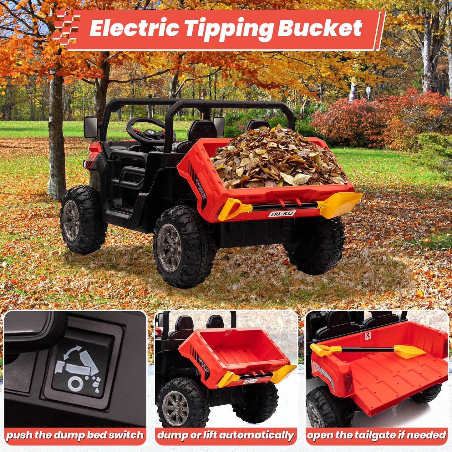 Funride 24V Kids Ride on Dump Truck with Remote Control, 2 Seater Powered 4-Wheel UTV Toys, 4x200W Ride on Tractor Car w/ Electric Dump Bed, Shovel, Bluetooth Music, Red