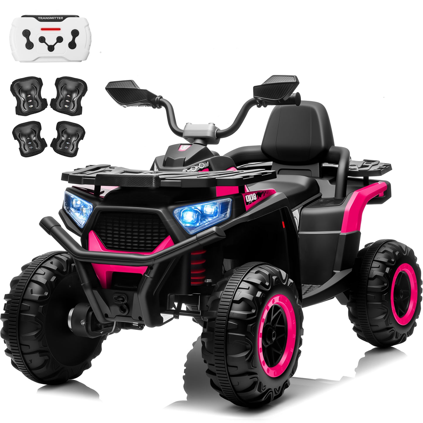 Funride 24V 4WD 800W ATV for Kids 4 Wheeler with Remote, Knee Pads, Music, Black,Red,Pink,Greed-007
