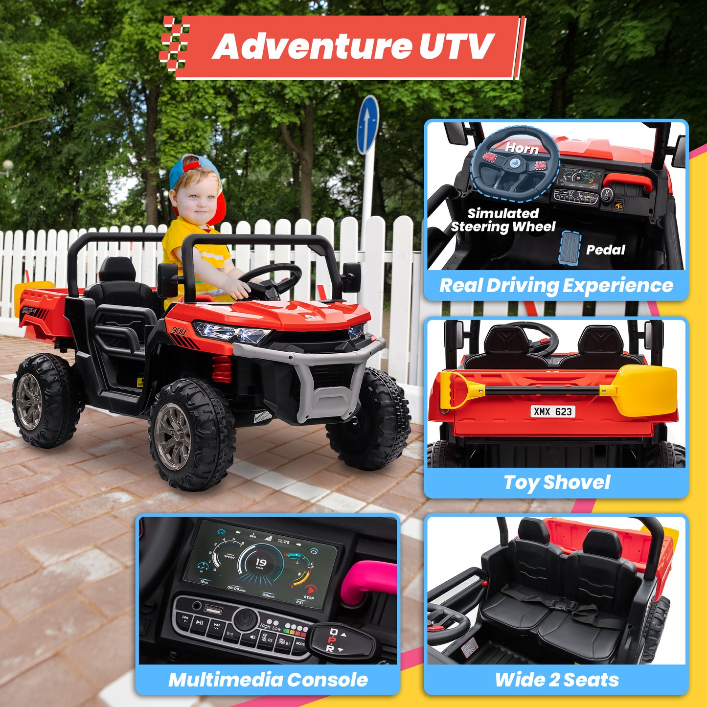Funride 24V Kids Ride on Dump Truck with Remote Control, 2 Seater Powered 4-Wheel UTV Toys, 4x200W Ride on Tractor Car w/ Electric Dump Bed, Shovel, Bluetooth Music, Red