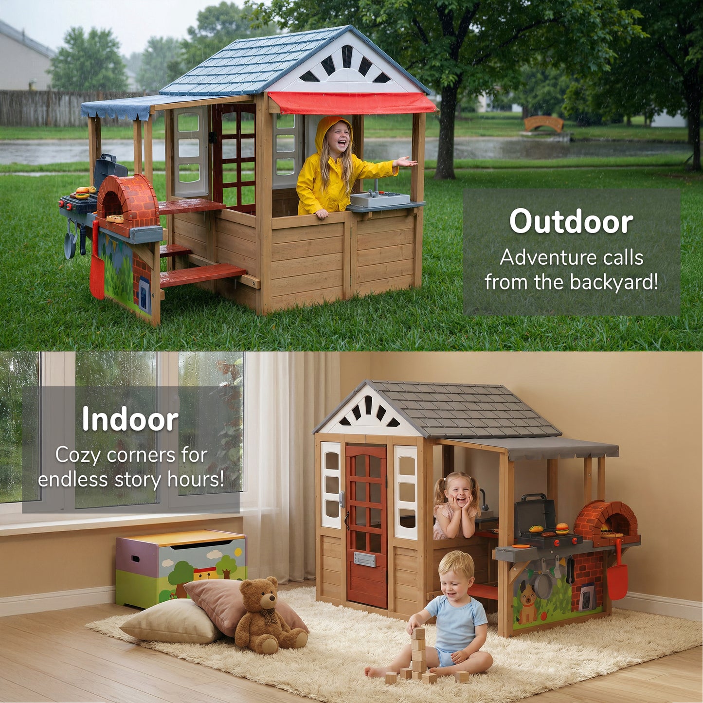 Sunnyfree Wooden Playhouse with BBQ Grill, Interactive Kitchen Outdoor Playhouse, Food, Whiteboard, Mail Receiver, Use for Garden, Backyard, Indoor & Outdoor