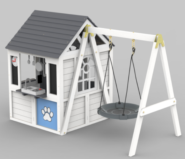 Funride Wooden Playhouse with Swing Set, Interactive Play Kitchen Outdoor Playhouse, DIY Paintable for Ages 3-8, Indoor & Outdoor