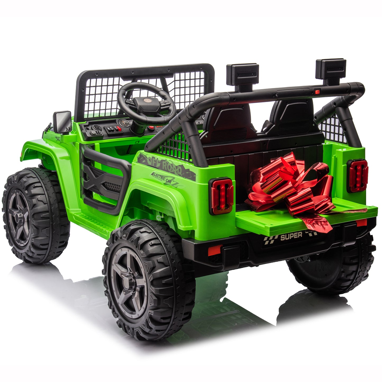 24V 4WD Ride on Truck Car with Remote Control, 2 Seater Electric Car for Kids, Powered Cars Wheels w/ 4x100W, up to 5.5mph, Spring Suspension, Music, Green,Black,Red,Pink--055