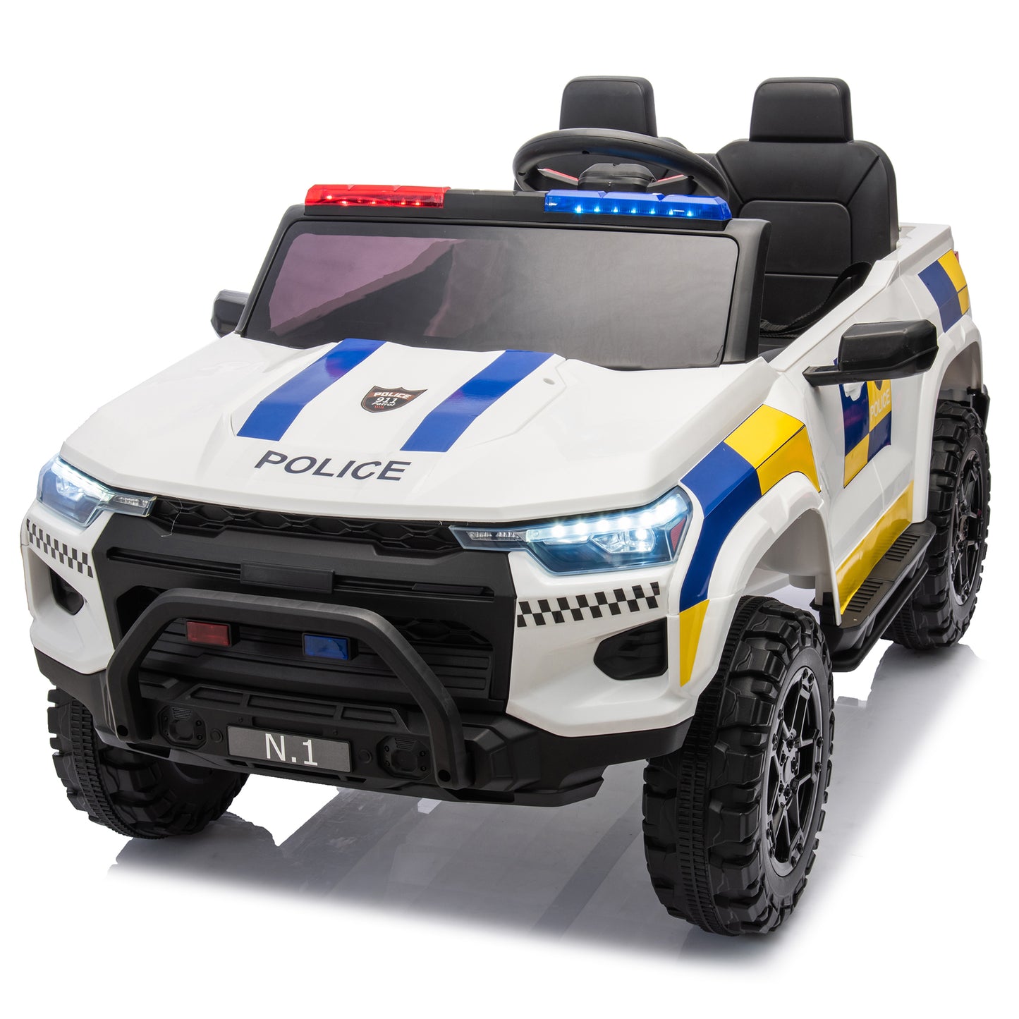 24V Kid Ride on Police Cop Car Battery Powered Electric Truck with Parental Remote Control, Siren, Flashing Lights, Music, Spring Suspension, White