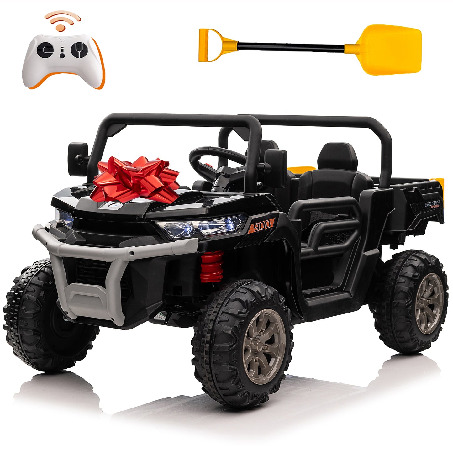 24V Kids Ride on Dump Truck with Remote Control, 2 Seater Powered 4-Wheel UTV Toys, 2x200W Ride on Tractor Car w/ Electric Dump Bed, Shovel, Bluetooth Music