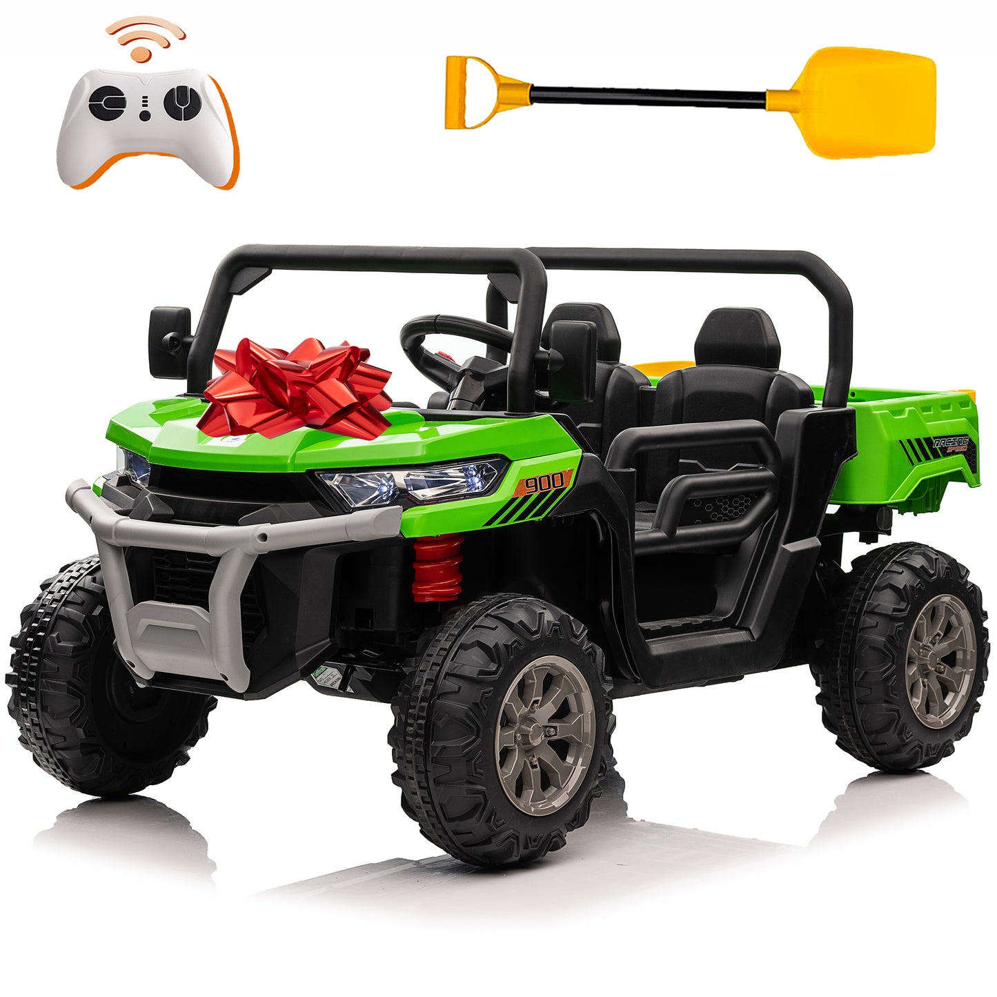 24V Kids Ride on Dump Truck with Remote Control, 2 Seater Powered 4-Wheel UTV Toys, 2x200W Ride on Tractor Car w/ Electric Dump Bed, Shovel, Bluetooth Music