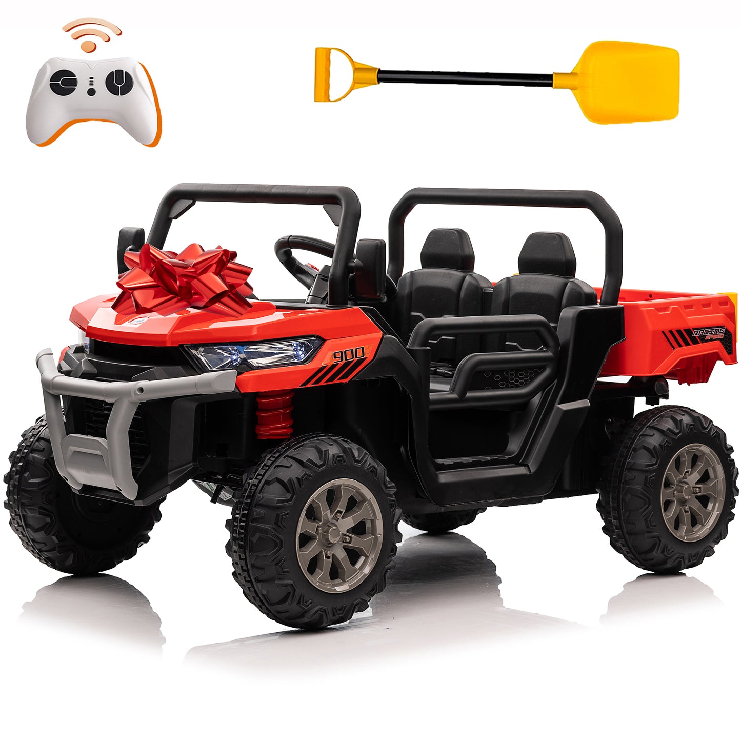 24V Kids Ride on Dump Truck with Remote Control, 2 Seater Powered 4-Wheel UTV Toys, 2x200W Ride on Tractor Car w/ Electric Dump Bed, Shovel, Bluetooth Music