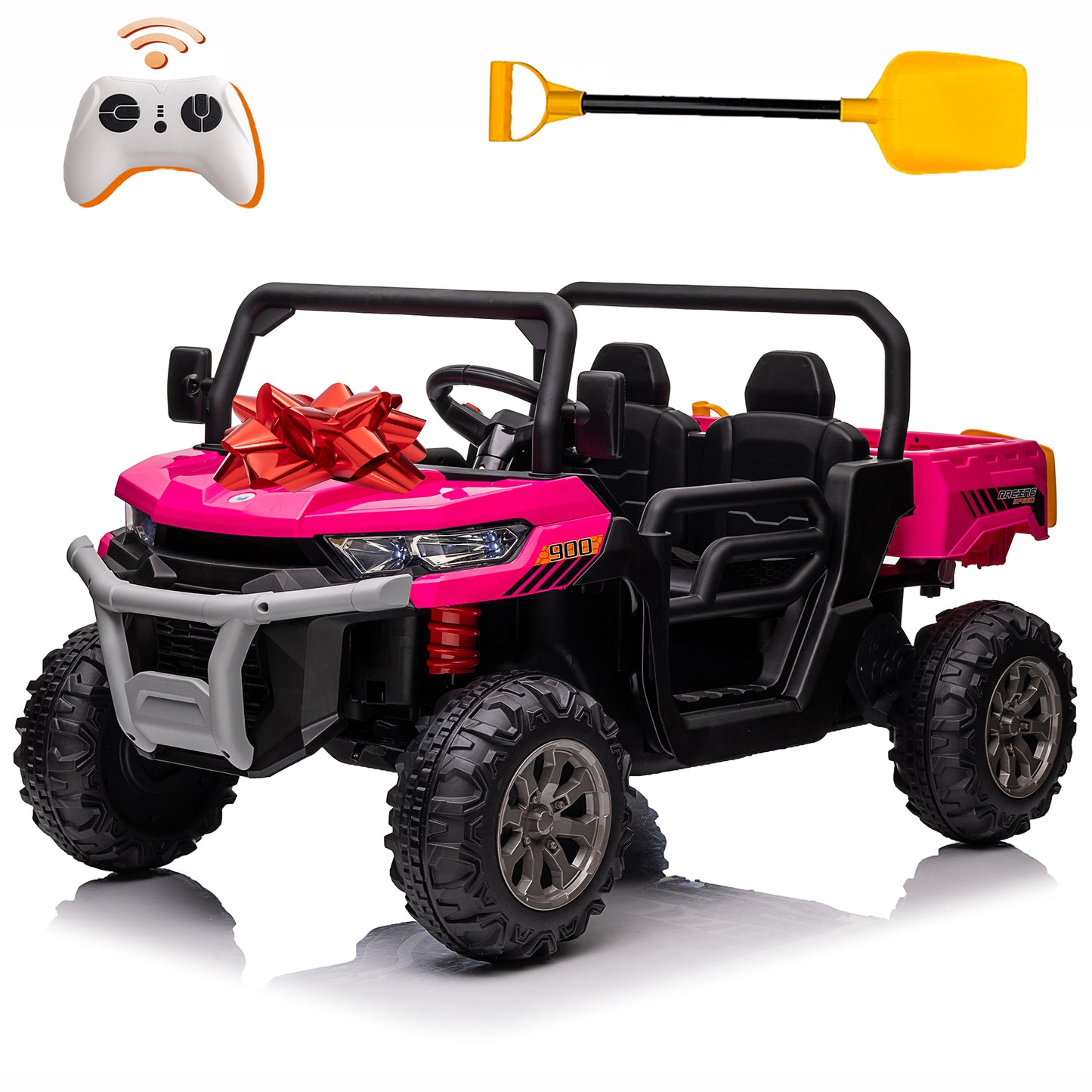 24V Kids Ride on Dump Truck with Remote Control, 2 Seater Powered 4-Wheel UTV Toys, 2x200W Ride on Tractor Car w/ Electric Dump Bed, Shovel, Bluetooth Music