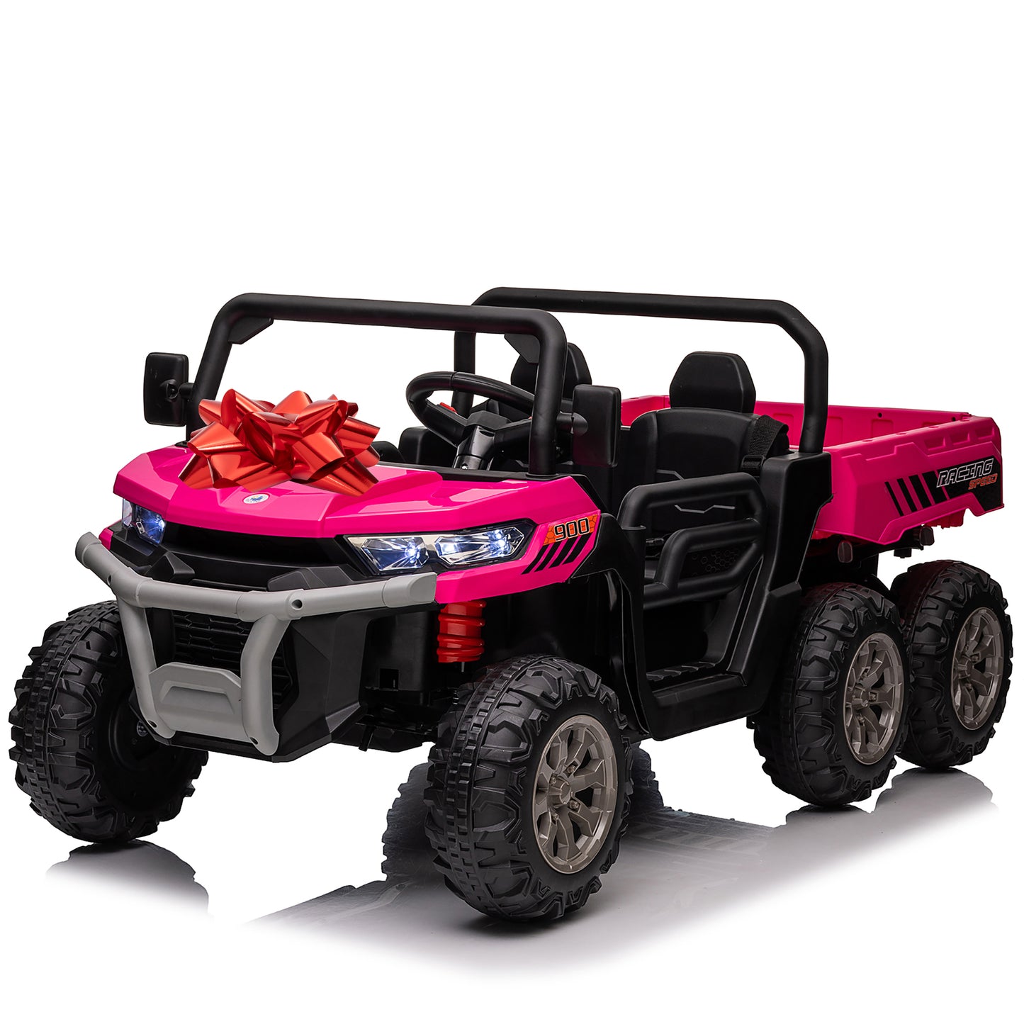 24V Ride on Toys UTV with Remote Control, 4WD 2 Seater Electric Cars for kids,Kids Ride on Dump truck w/ Tipping Bucket Trailer, Shovel, Spring Suspension, Bluetooth Music, Pink/red/black/green-623B