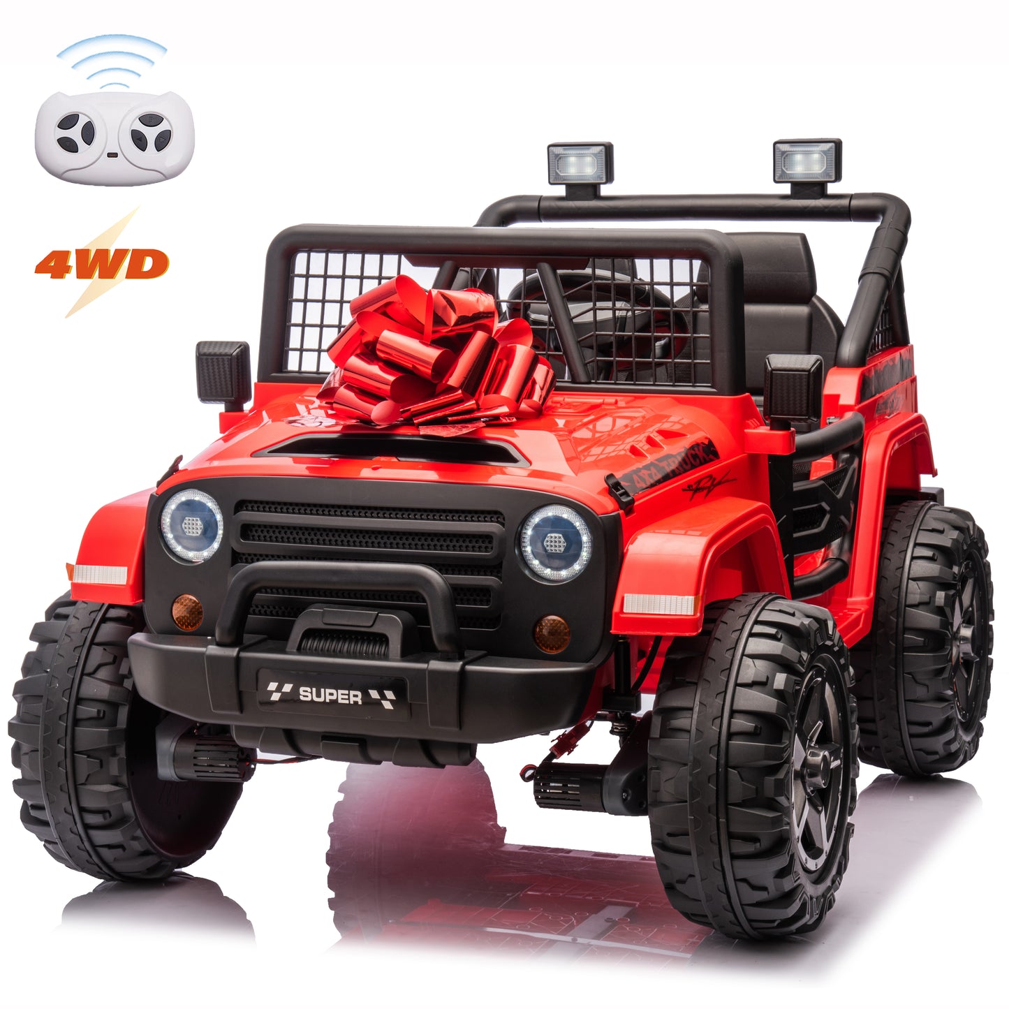 24V 4WD Ride on Truck Car with Remote Control, 2 Seater Electric Car for Kids, Powered Cars Wheels w/ 4x100W, up to 5.5mph, Spring Suspension, Music, Green,Black,Red,Pink--055