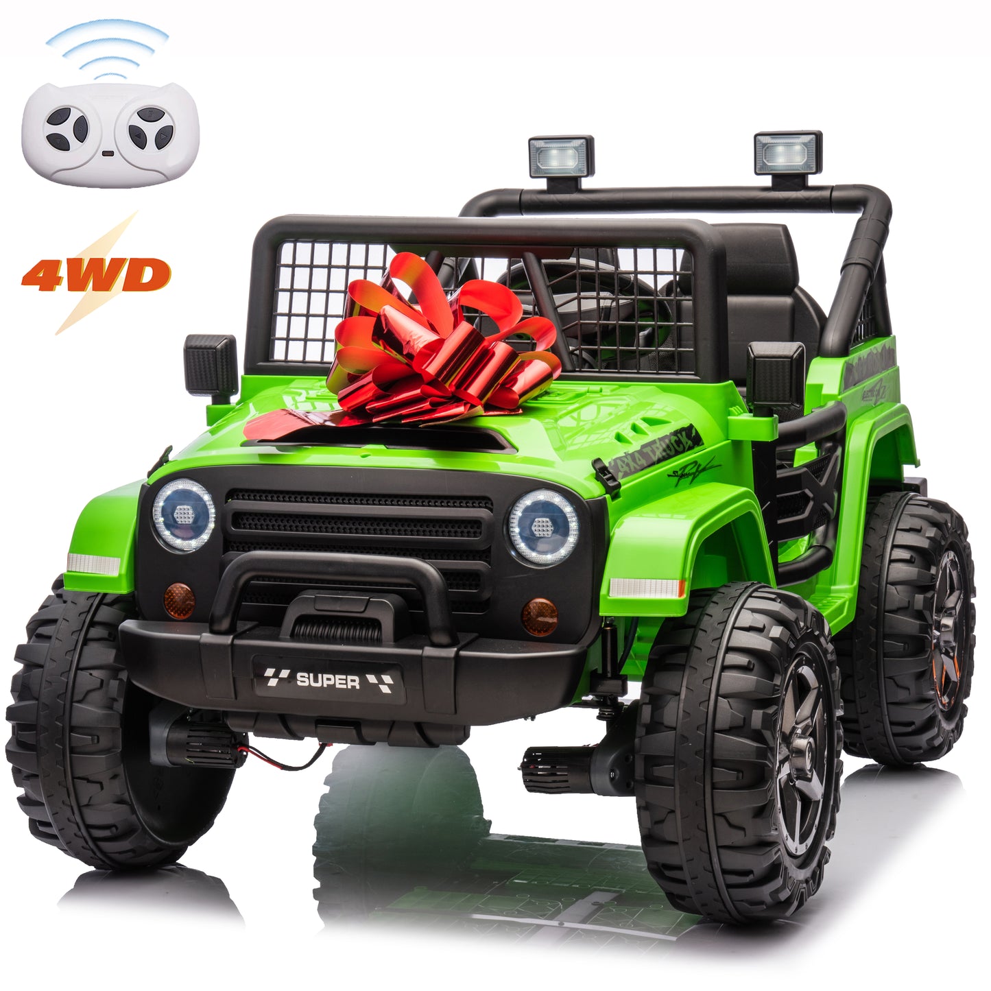 24V 4WD Ride on Truck Car with Remote Control, 2 Seater Electric Car for Kids, Powered Cars Wheels w/ 4x100W, up to 5.5mph, Spring Suspension, Music, Green,Black,Red,Pink--055