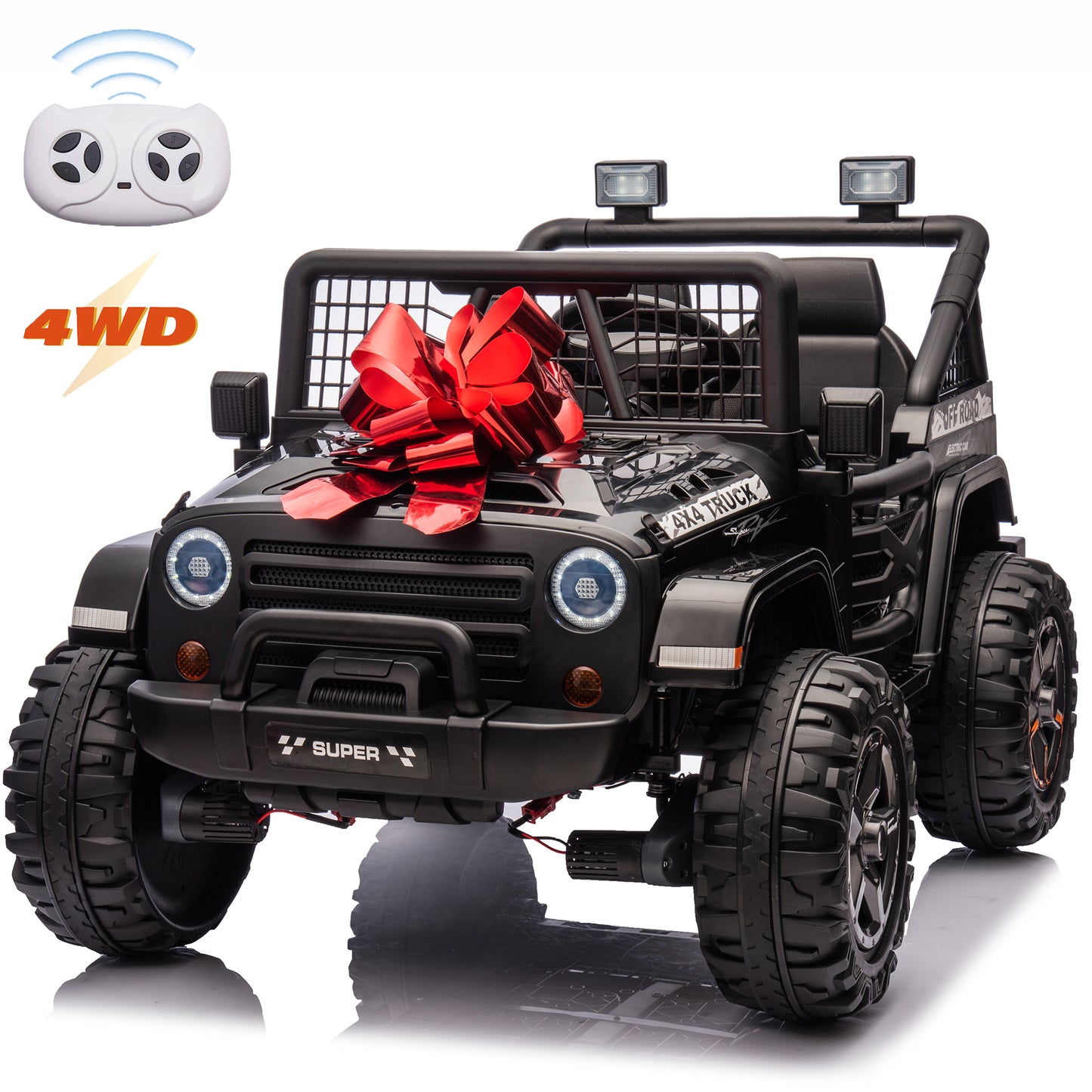 24V 4WD Ride on Truck Car with Remote Control, 2 Seater Electric Car for Kids, Powered Cars Wheels w/ 4x100W, up to 5.5mph, Spring Suspension, Music, Green,Black,Red,Pink--055