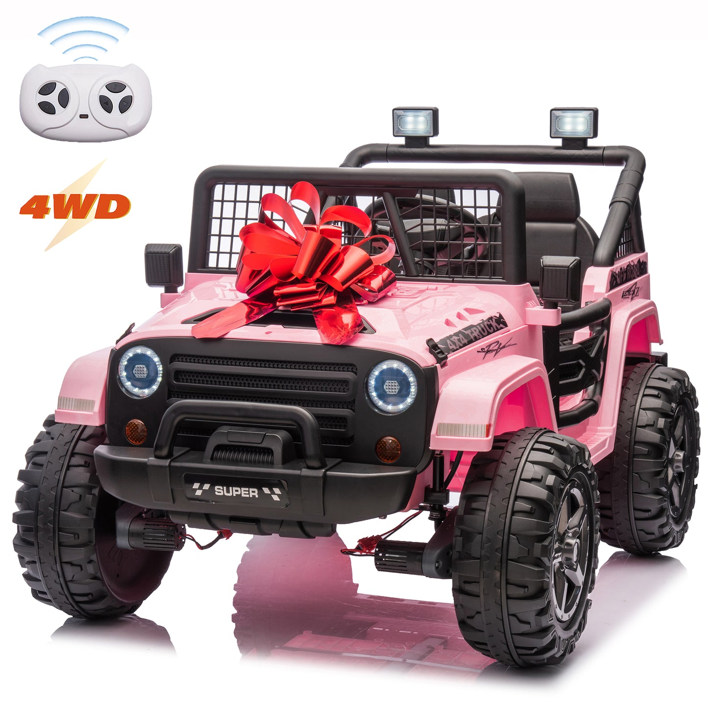 24V 4WD Ride on Truck Car with Remote Control, 2 Seater Electric Car for Kids, Powered Cars Wheels w/ 4x100W, up to 5.5mph, Spring Suspension, Music, Green,Black,Red,Pink--055