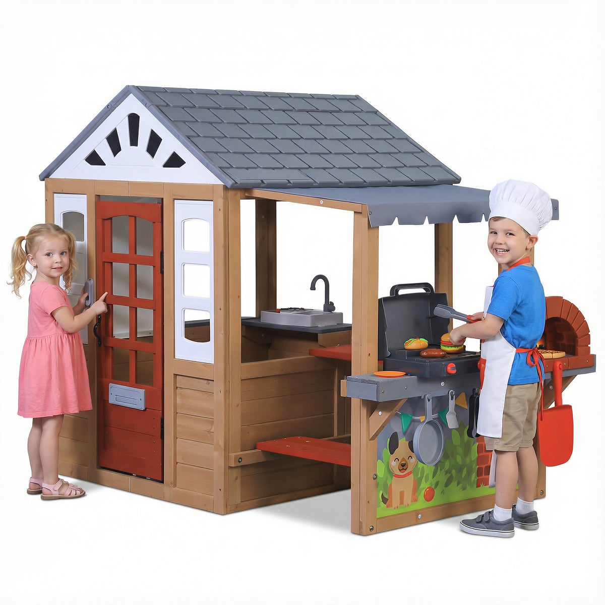 Funride Wooden Playhouse with BBQ Grill, Interactive Kitchen Outdoor Playhouse, Food, Whiteboard, Mail Receiver, Use for Garden, Backyard, Indoor & Outdoor