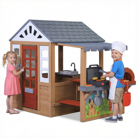 Funride Wooden Playhouse with BBQ Grill, Interactive Kitchen Outdoor Playhouse, Food, Whiteboard, Mail Receiver, Use for Garden, Backyard, Indoor & Outdoor
