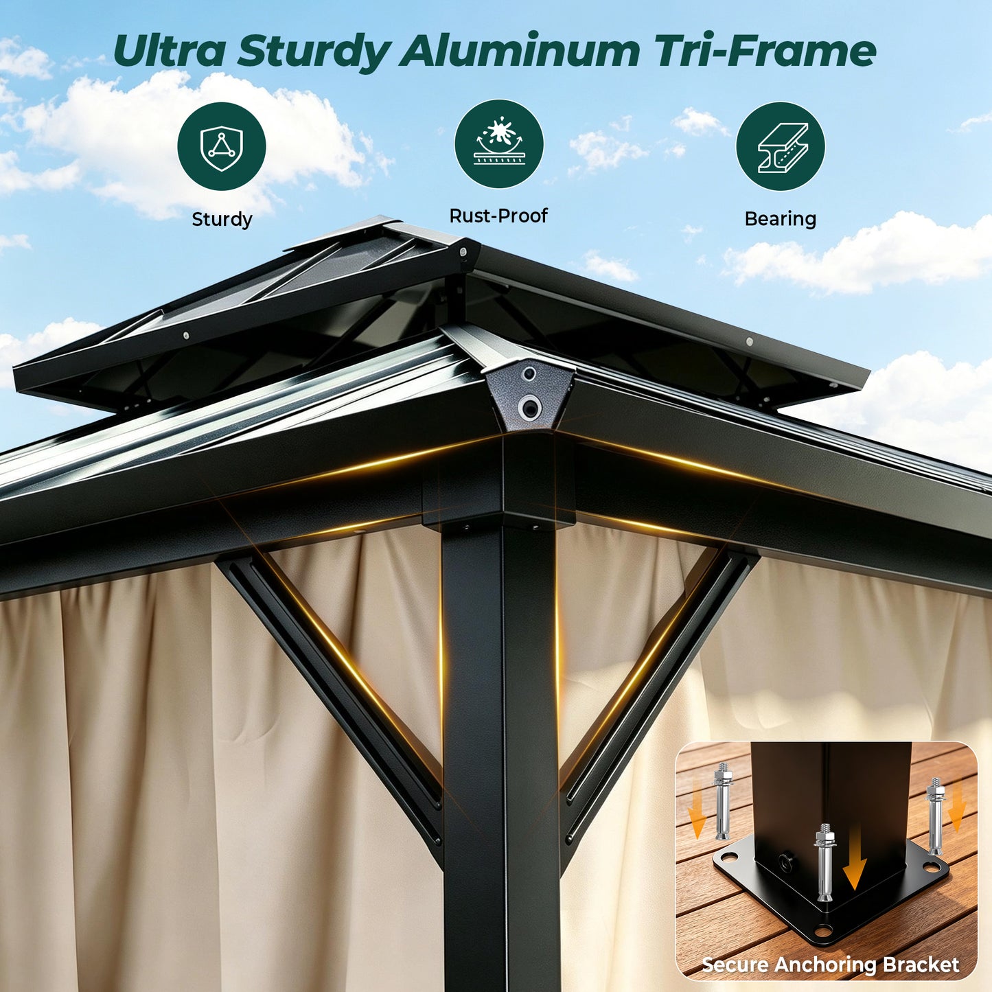 Funride 10x12 ft Hardtop Gazebo, Galvanized Steel Double Roof with Curtains and Netting, Sturdy Aluminum Tri-Frame, for Garden, Patio