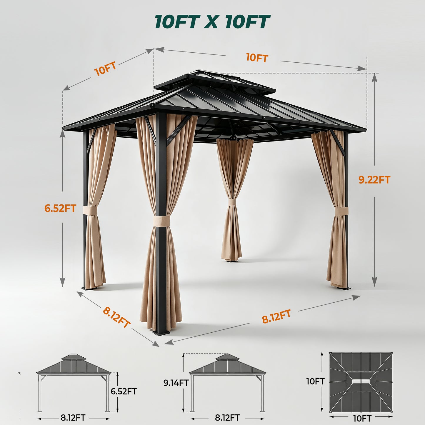 Funride 10x10 ft Hardtop Gazebo, Galvanized Steel Double Roof with Curtains and Netting, Sturdy Aluminum Tri-Frame, for Garden, Patio