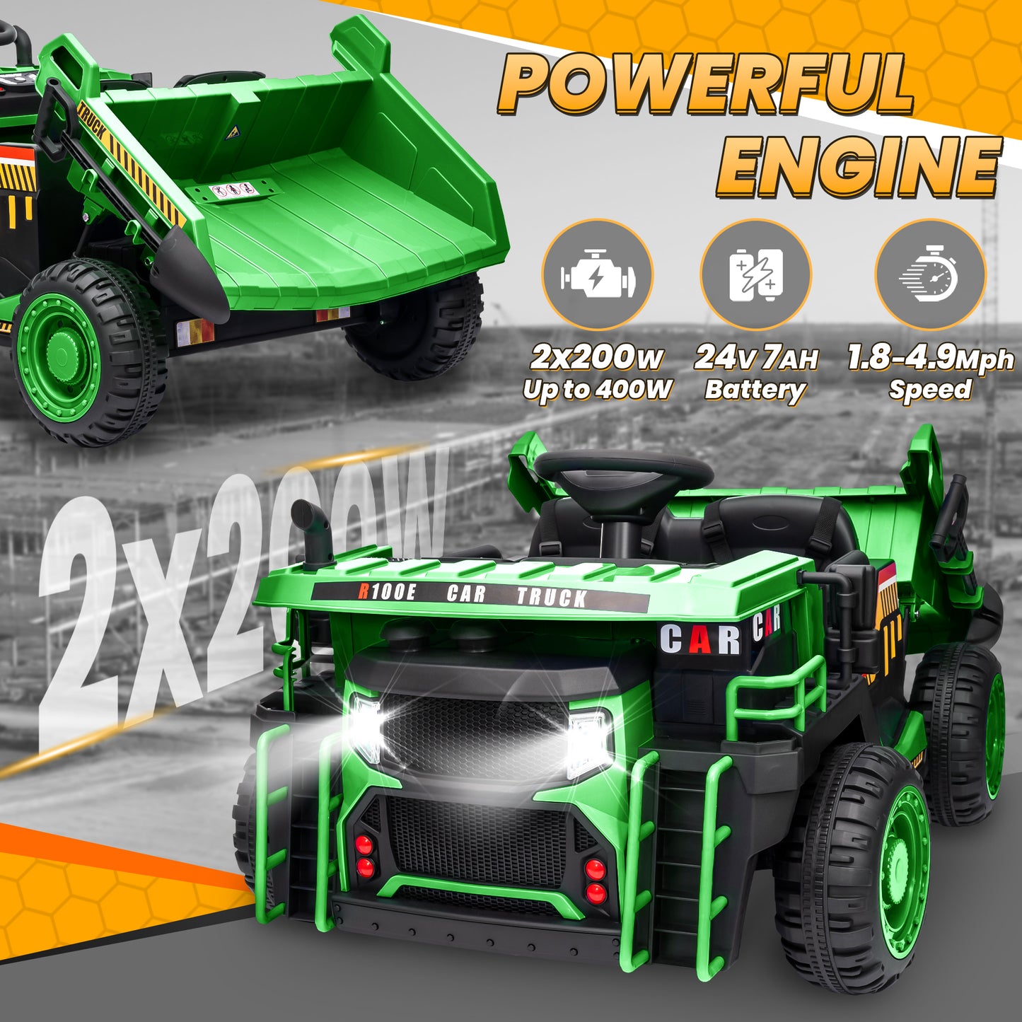 Funride 24V Ride on Toys 2 Seater Ride on Dump Truck w/ Remote Control, 2x200W Ride on Truck Car w/ Dump Bed, 3 Speeds, Shovel, Bluetooth/Music, Big Kids, Yellow,Orange,Green,Blue-305