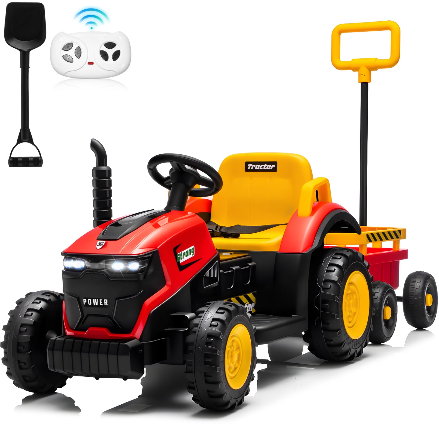 Funride 12V Ride on Tractor w/ Remote Control, 35W Dual Motors Ride on Toys w/ Detachable Trailer & Shovel, Kids' Electric Vehicles with Trailer Ground Loader, Bluetooth Music, LED lights-319
