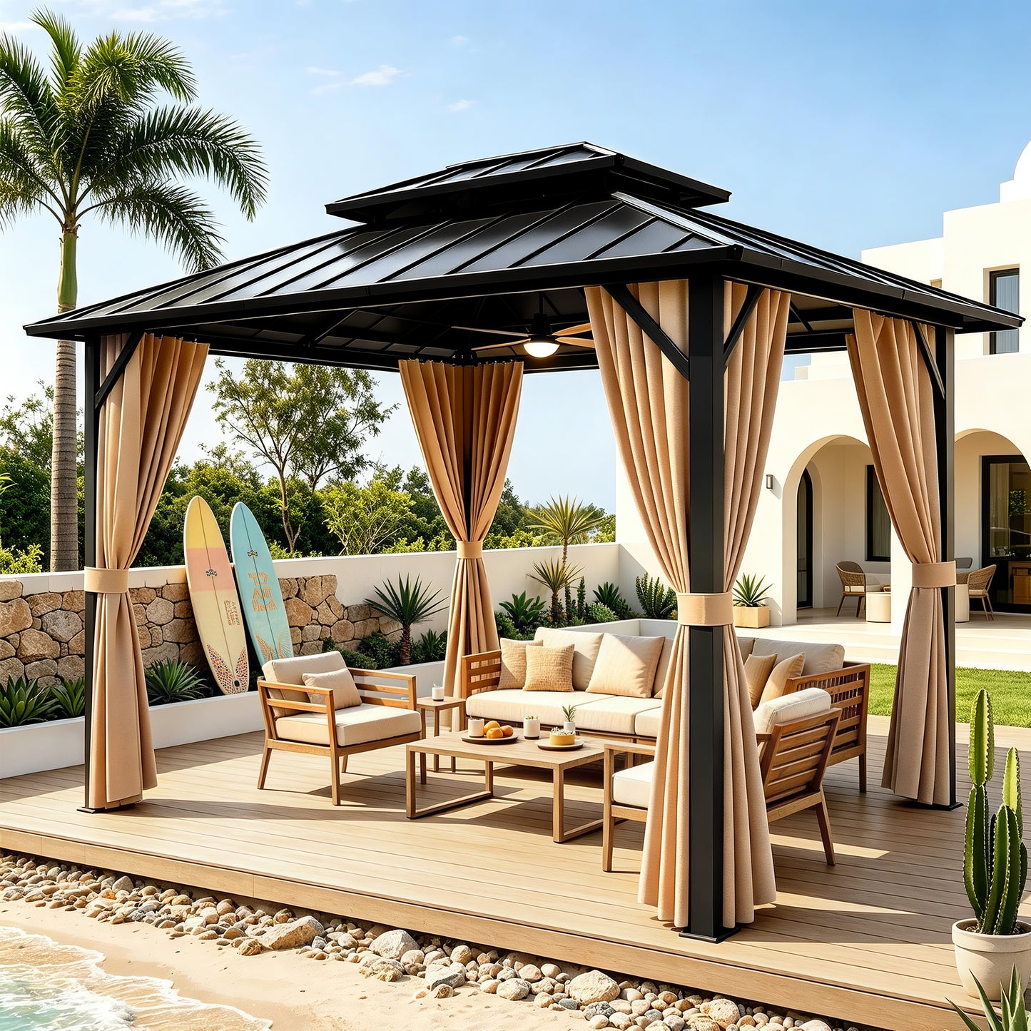 Funride 10x12 ft Hardtop Gazebo, Galvanized Steel Double Roof with Curtains and Netting, Sturdy Aluminum Tri-Frame, for Garden, Patio