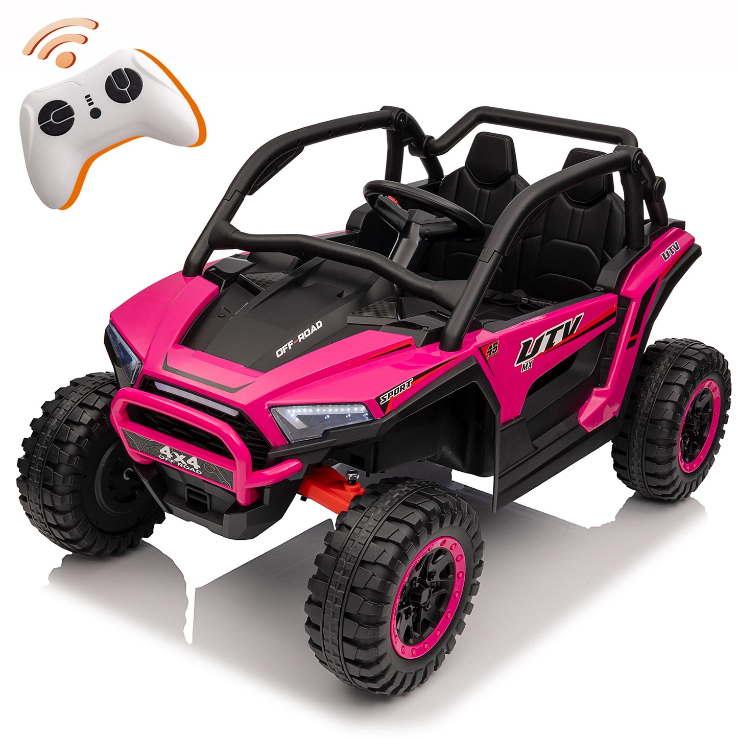 24V 2 Seater Ride on Truck Car for Kids, 7AH Powered UTV Car Toy, 4WD Side by Side Electric Vehicle w/ Remote, 3 Speeds, Bluetooth Spring Suspension, 1.86-4.9mph, Storage for Gift, Green, Red, Pink, Black -639