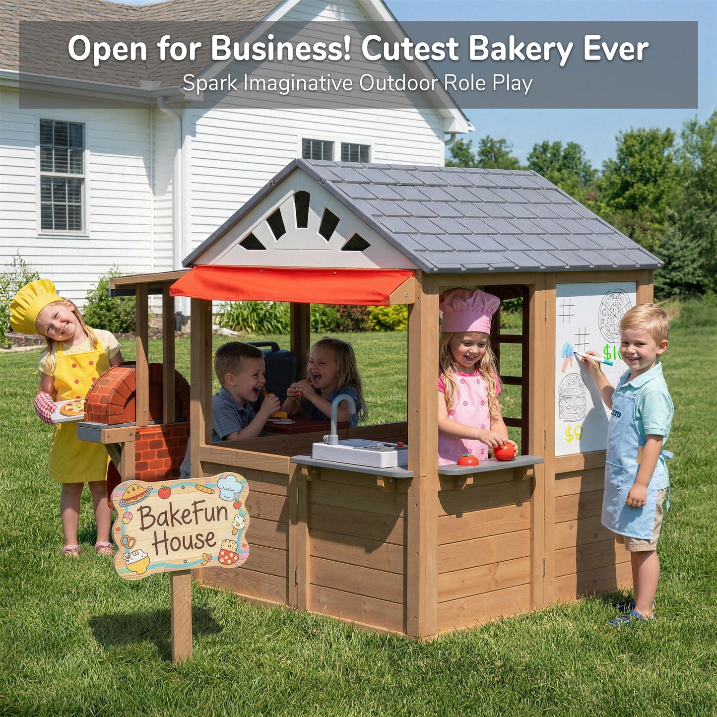 Sunnyfree Wooden Playhouse with BBQ Grill, Interactive Kitchen Outdoor Playhouse, Food, Whiteboard, Mail Receiver, Use for Garden, Backyard, Indoor & Outdoor