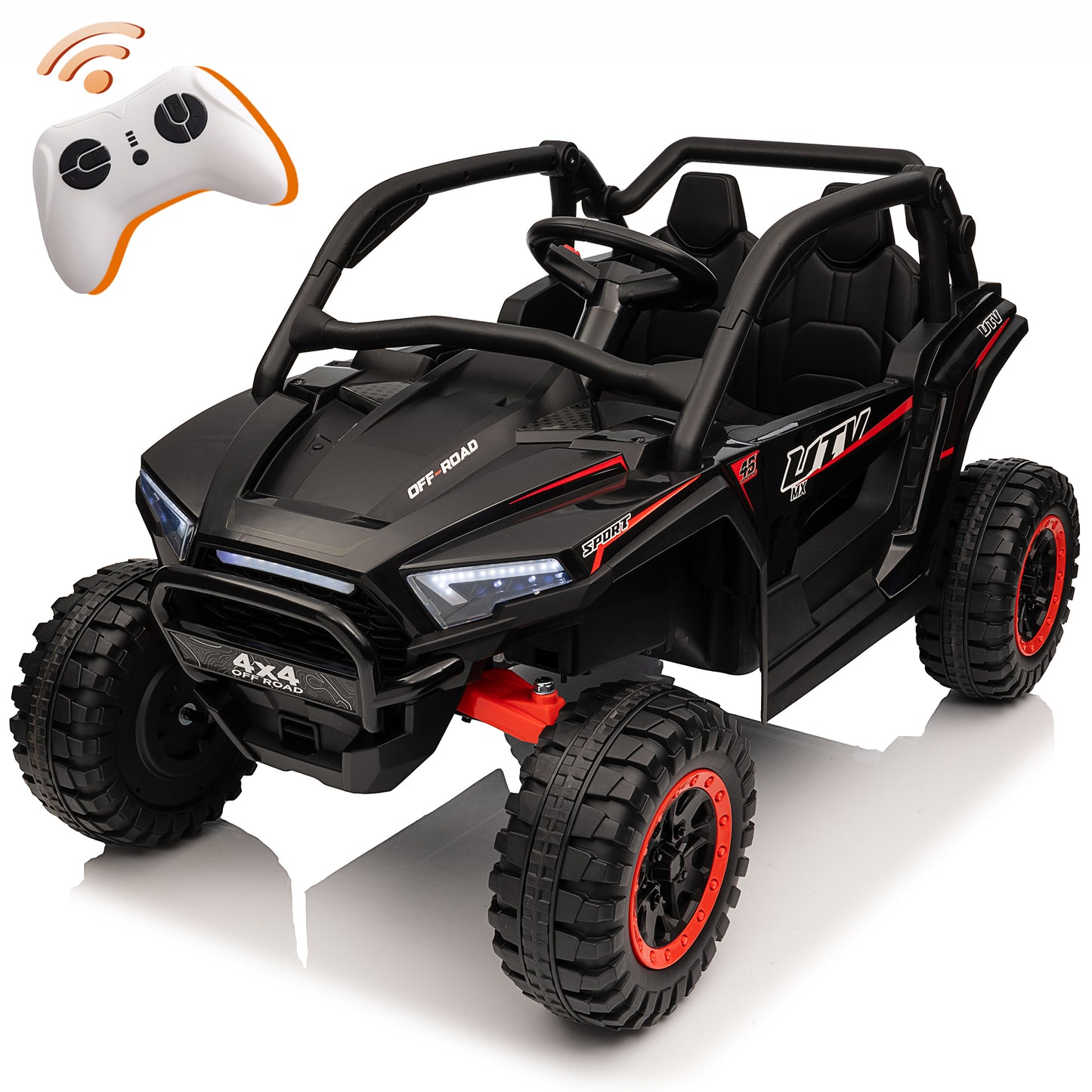 24V 2 Seater Ride on Truck Car for Kids, 7AH Powered UTV Car Toy, 4WD Side by Side Electric Vehicle w/ Remote, 3 Speeds, Bluetooth Spring Suspension, 1.86-4.9mph, Storage for Gift, Green, Red, Pink, Black -639